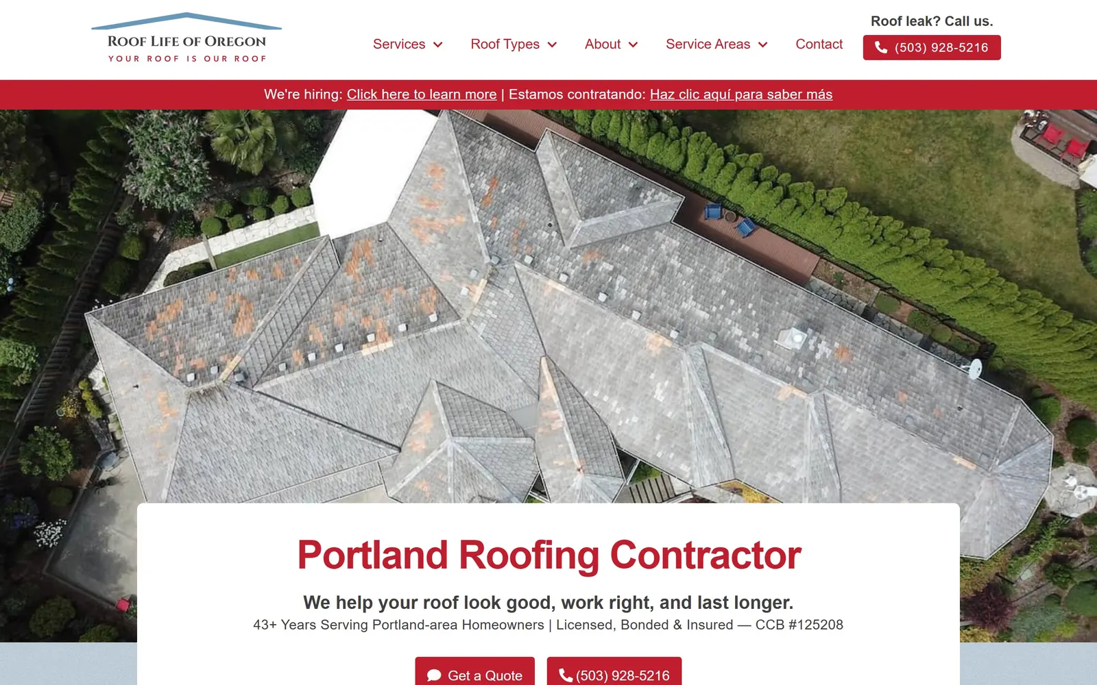 rooflife-oregon.com, roofing website design: a straight-down drone frame of a moss-stained roof