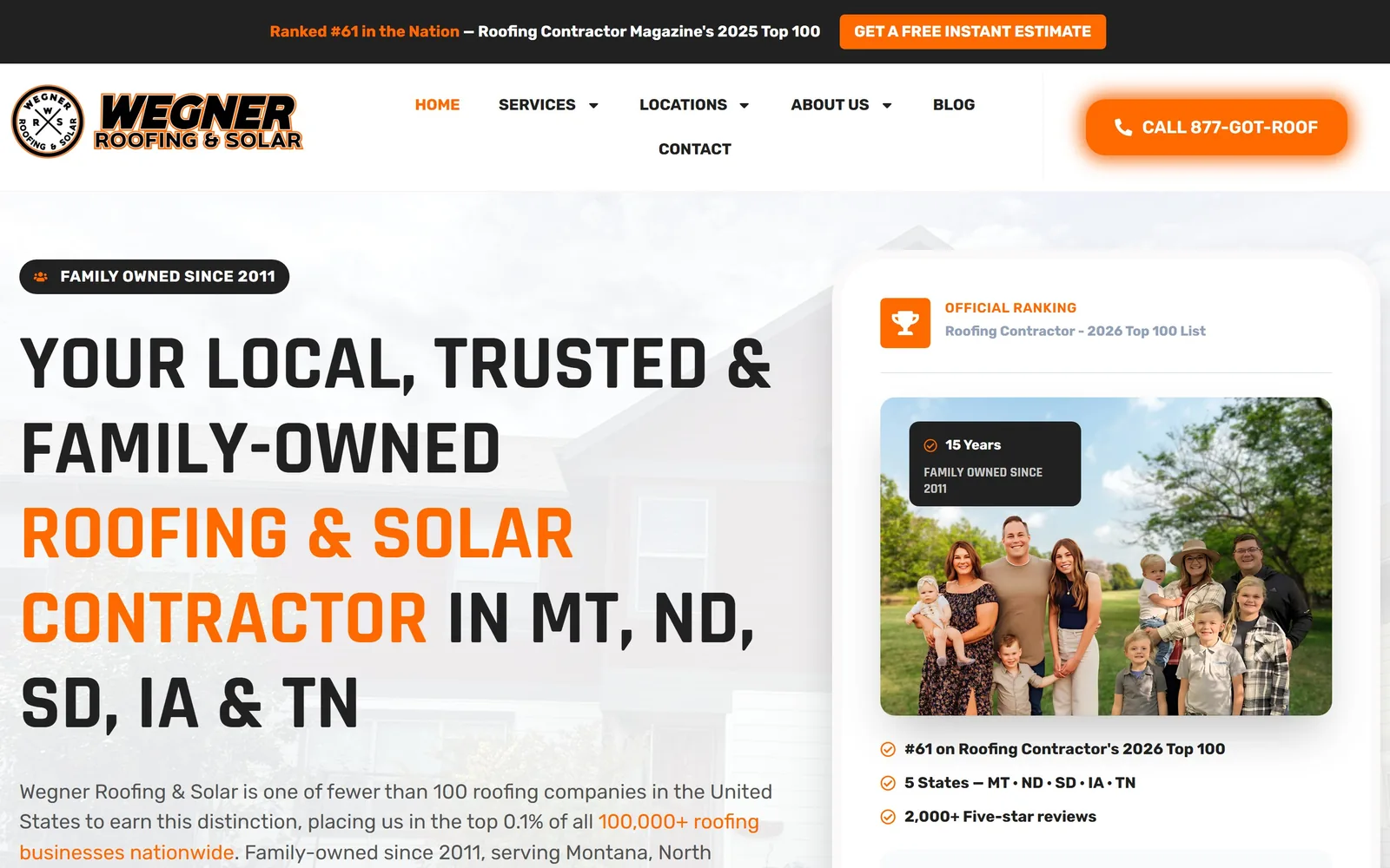 wegnerroofing.com, roofing website design: condensed caps in black and orange on a white ground