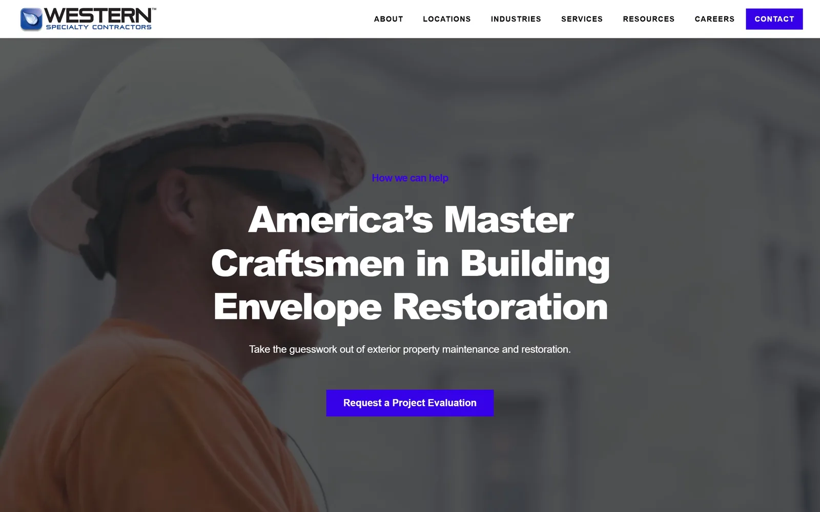 westernspecialtycontractors.com, roofing website design: a close portrait of a man in a hard hat, almost monochrome