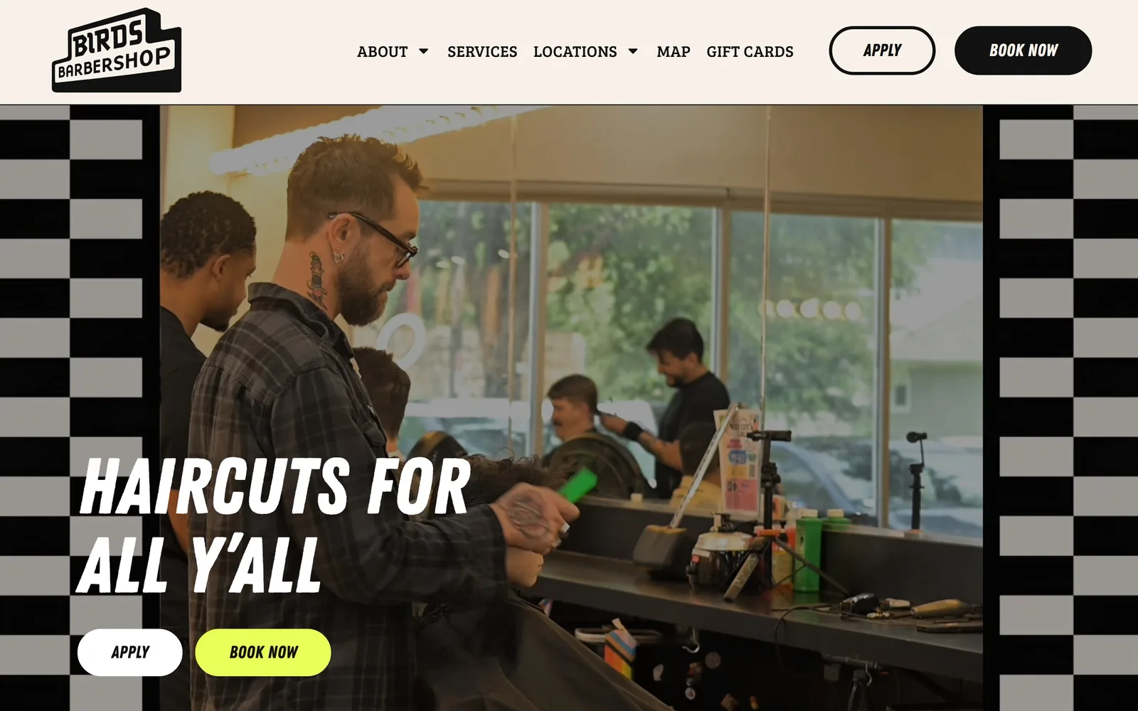 birdsbarbershop.com, salon website design: a barber mid-cut, with HAIRCUTS FOR ALL Y'ALL in slanted white caps and a lime pill button
