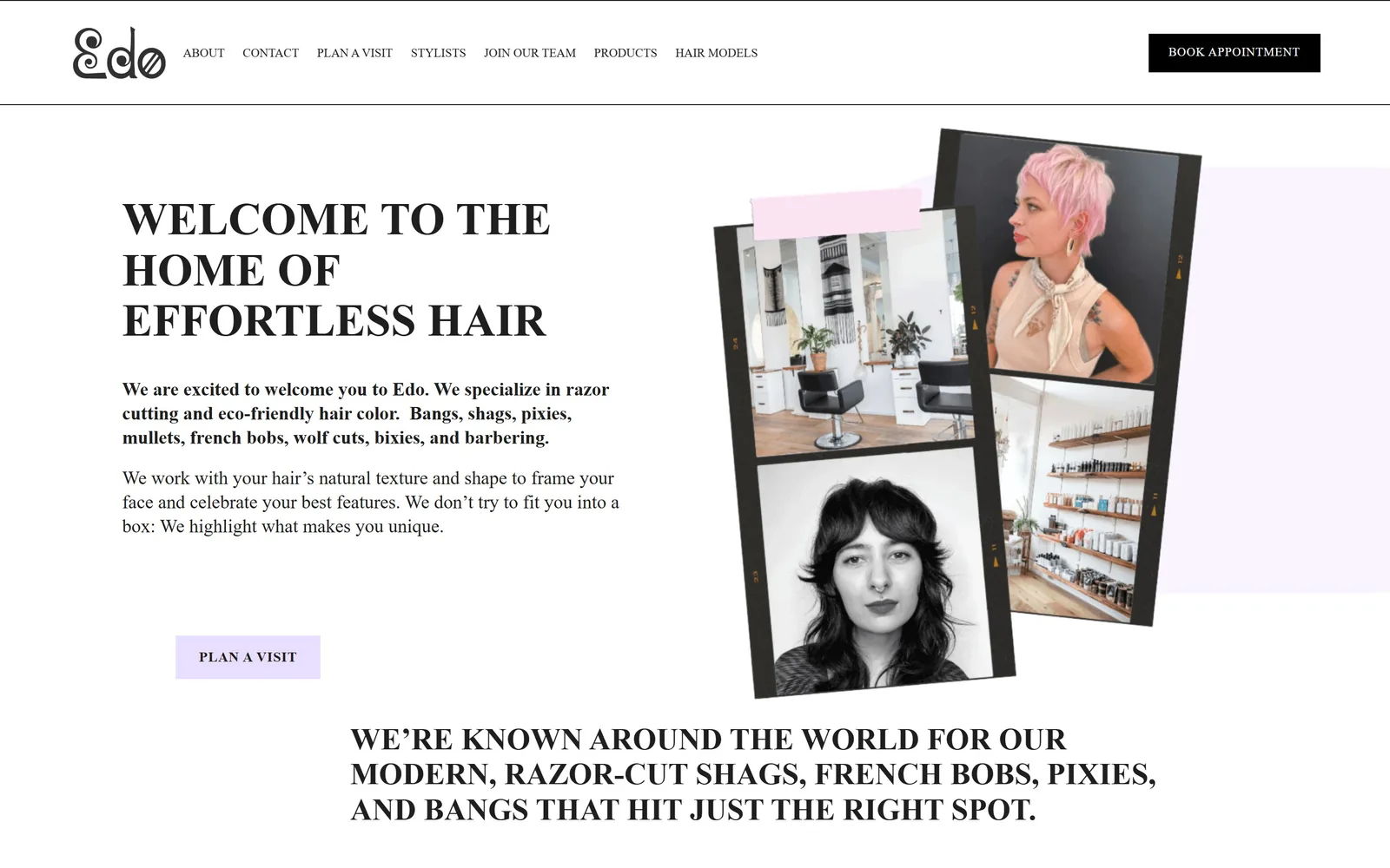 edosalon.com, salon website design: three tilted film-strip photos taped with pink washi at the right