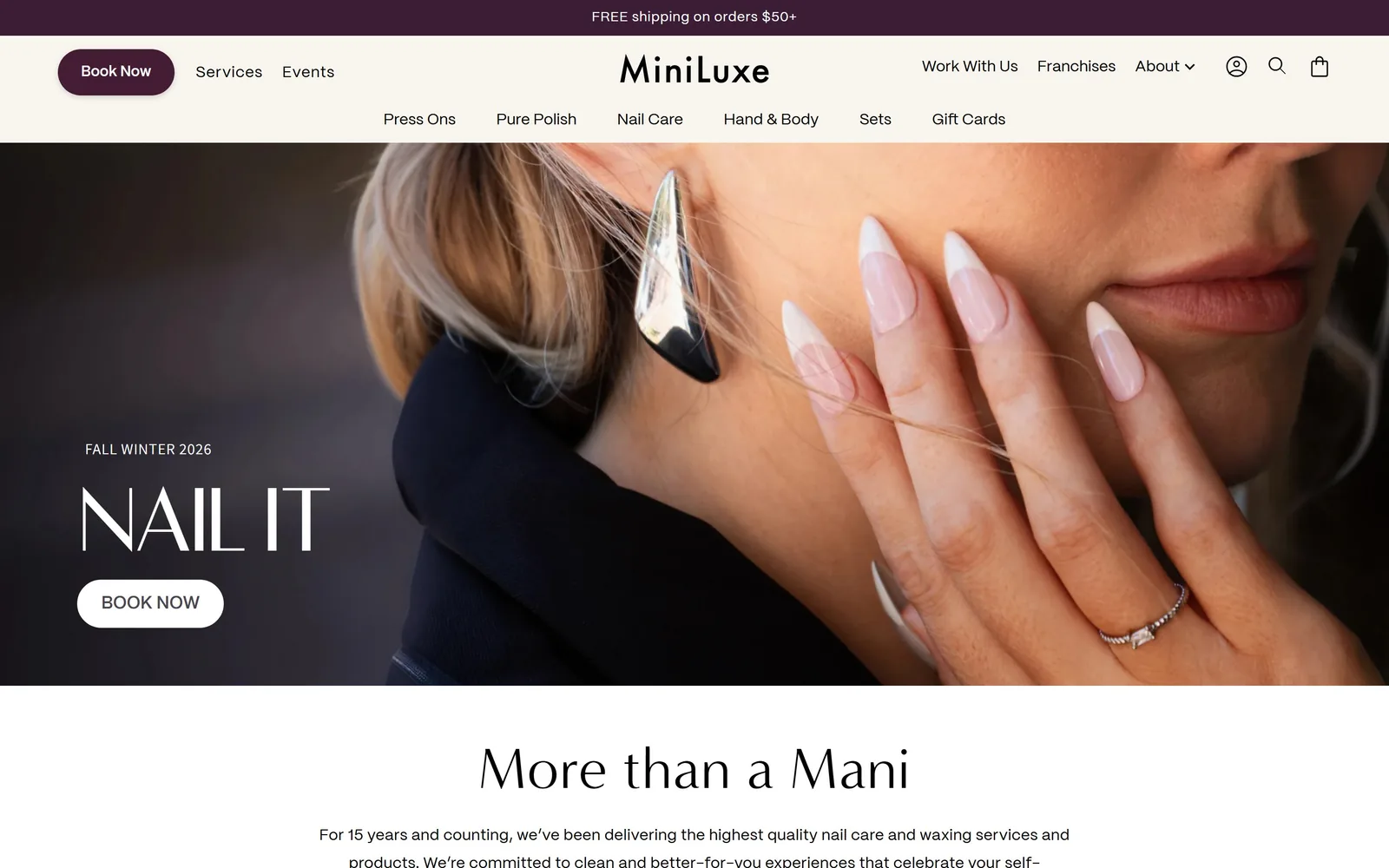 miniluxe.com, salon website design: a close crop of almond nails against a jaw, with NAIL IT set small and white over the dark left edge