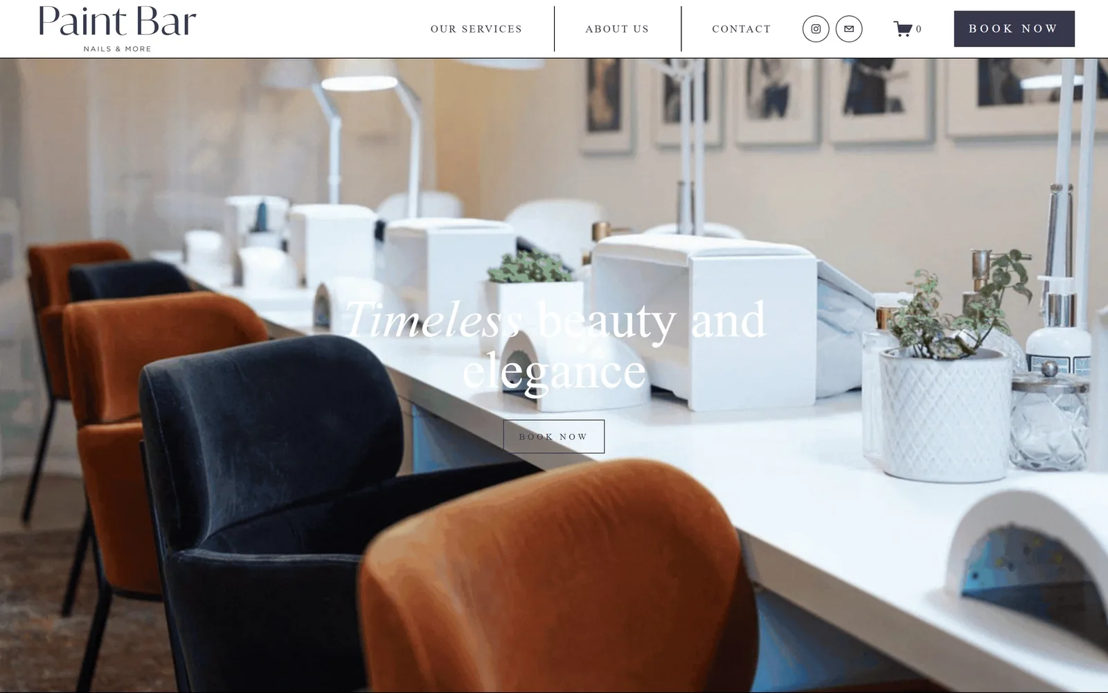 paintbarla.com, salon website design: rust and navy velvet chairs along a white manicure bench