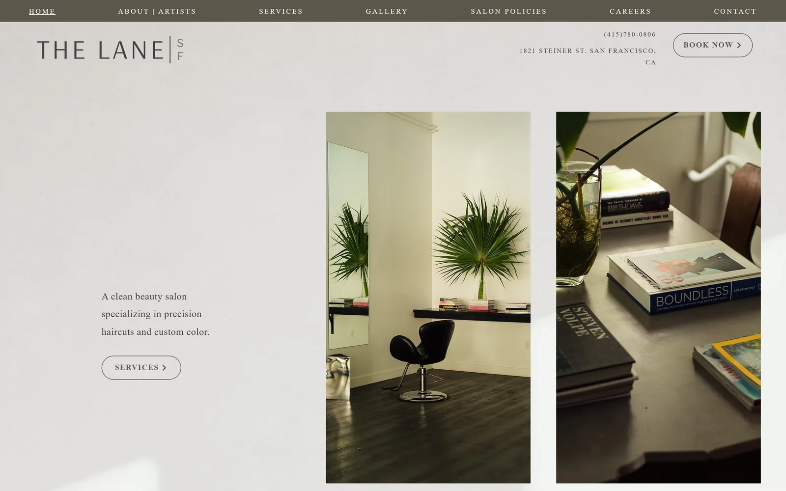 thelanesalon.com, salon website design: a taupe nav strip above a letterspaced wordmark