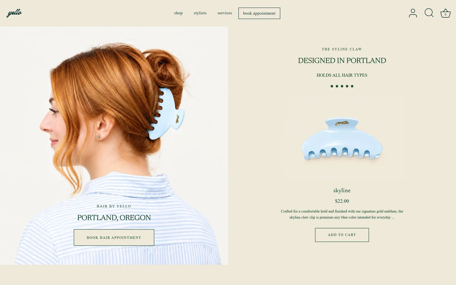 yello.salon, salon website design: a 50/50 split: a portrait with a blue claw clip and a booking button on the left