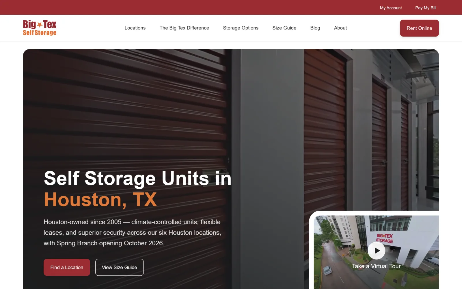 bigtexstorage.com, self storage website design: dark photograph of maroon roller doors fills a rounded hero panel