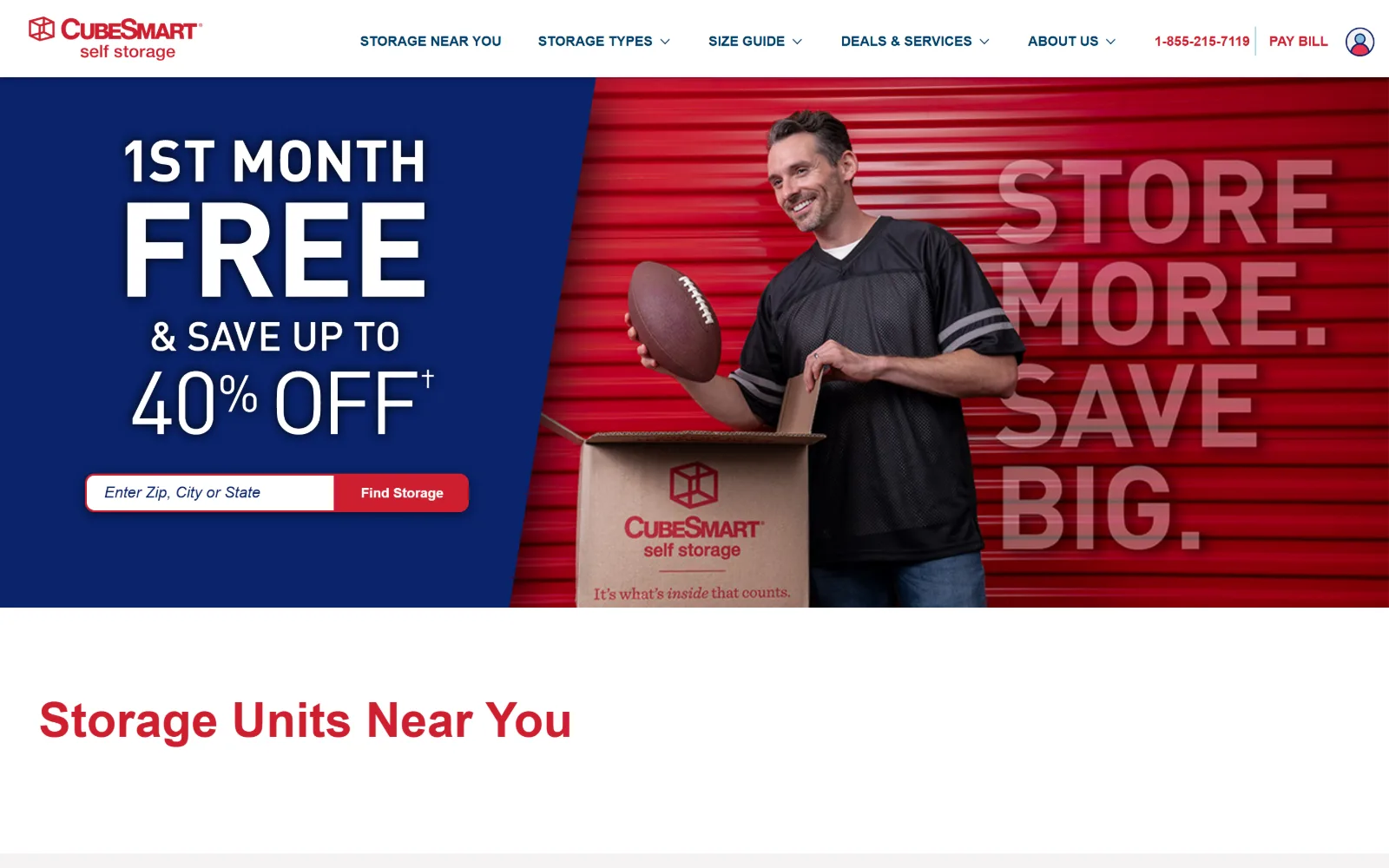 cubesmart.com, self storage website design: diagonal split hero: navy at left with 1ST MONTH FREE and a search field