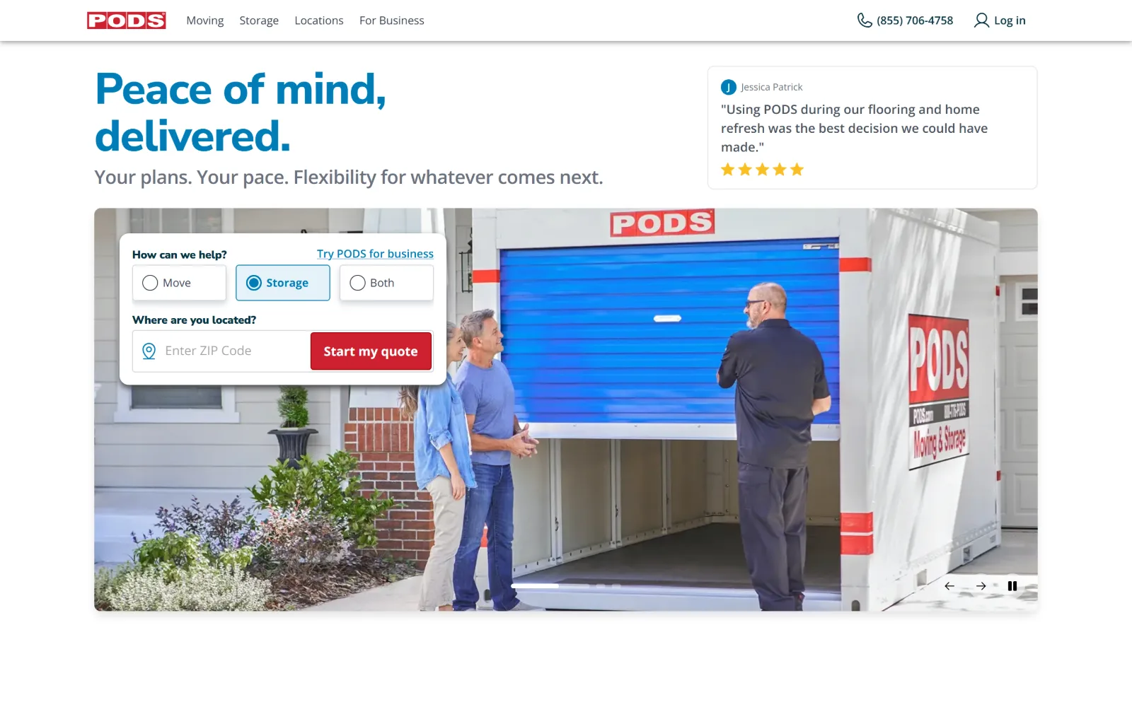pods.com, self storage website design: white page with a two-line blue headline, a review card at top right