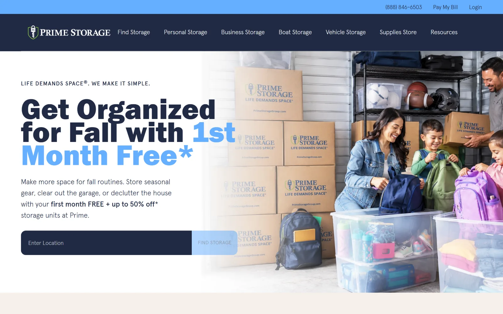 primestoragegroup.com, self storage website design: cream hero carrying a huge condensed headline, half navy and half light blue