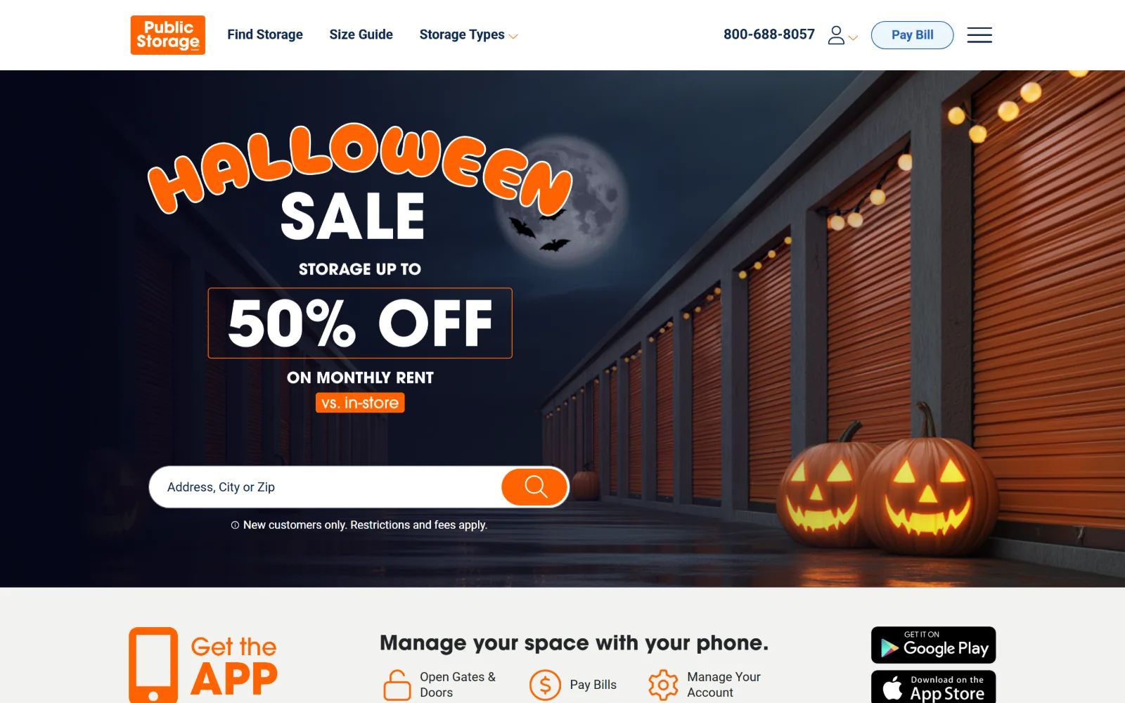 publicstorage.com, self storage website design: night-time corridor of orange doors with string lights and two lit pumpkins