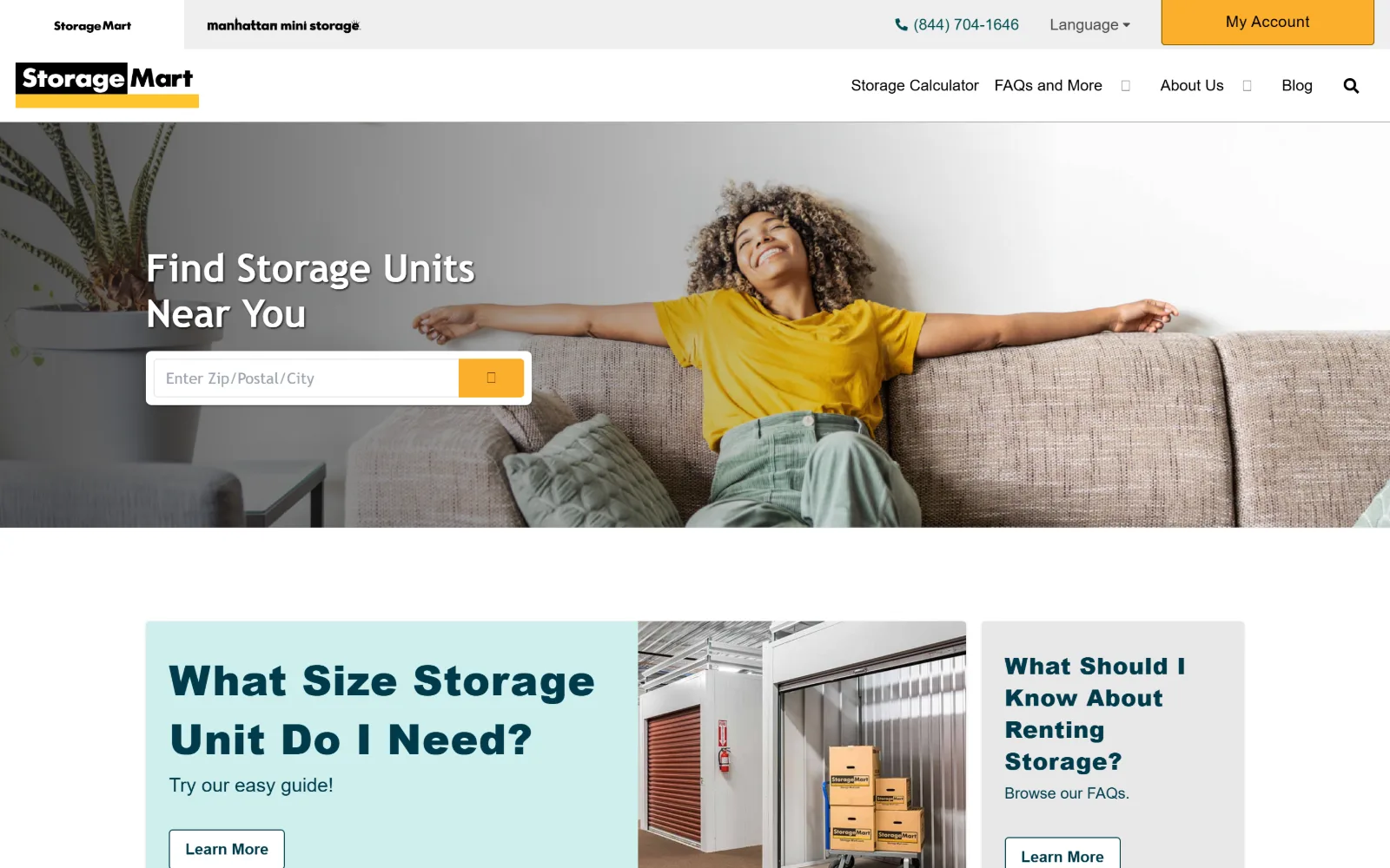 storage-mart.com, self storage website design: photograph of a woman stretched out on a sofa fills the hero