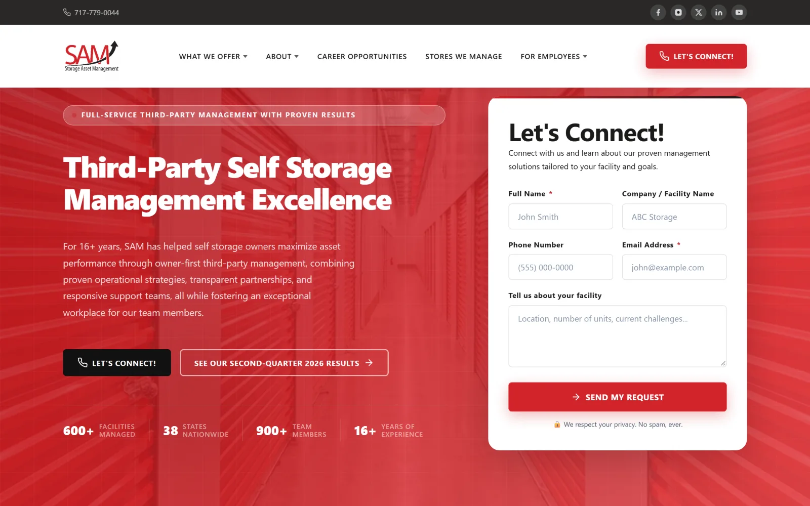 storageassetmanagement.com, self storage website design: red hero with a white headline and body copy at left