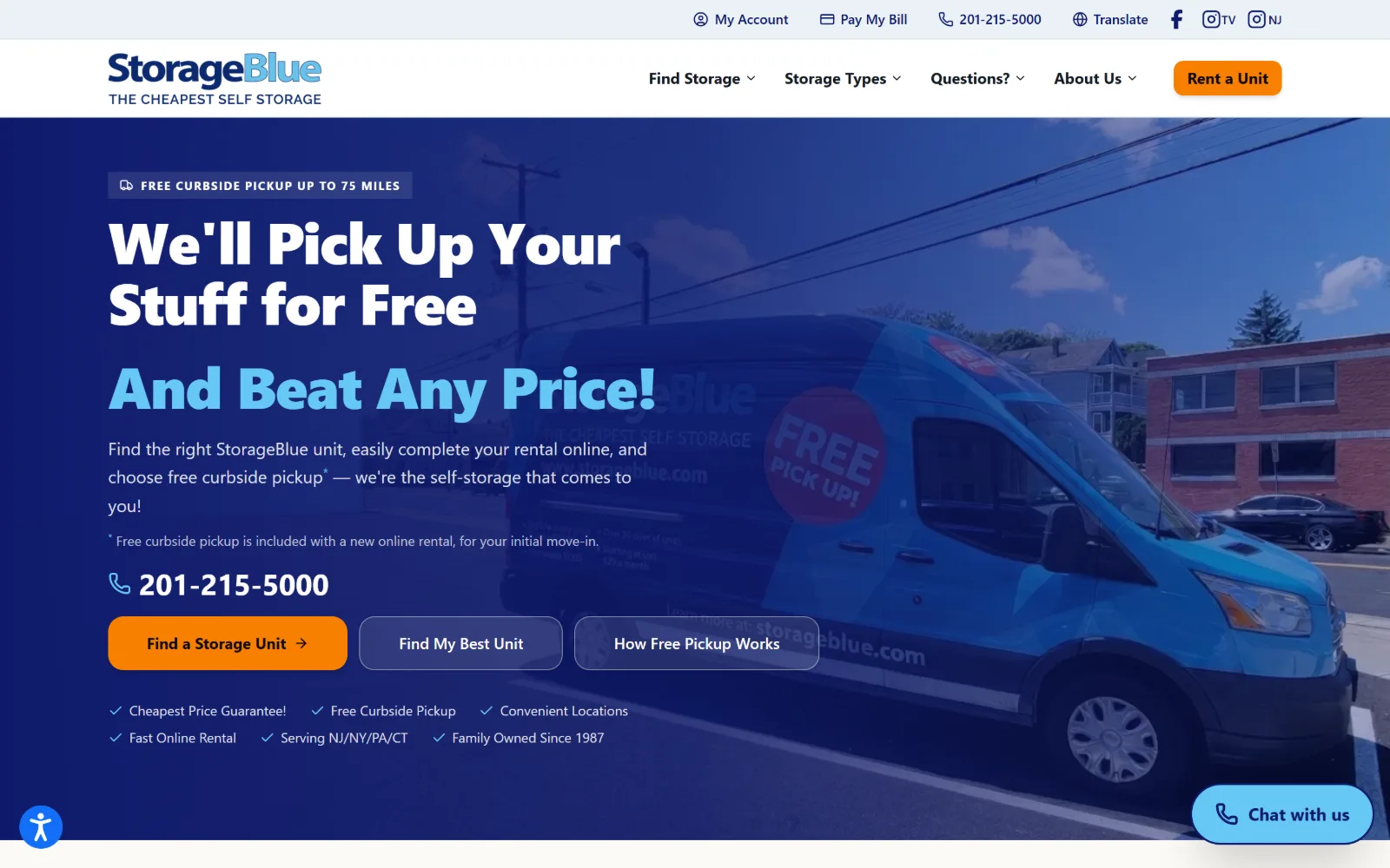 storageblue.com, self storage website design: deep navy wash over a photo of a branded van, carrying a white and light blue headline
