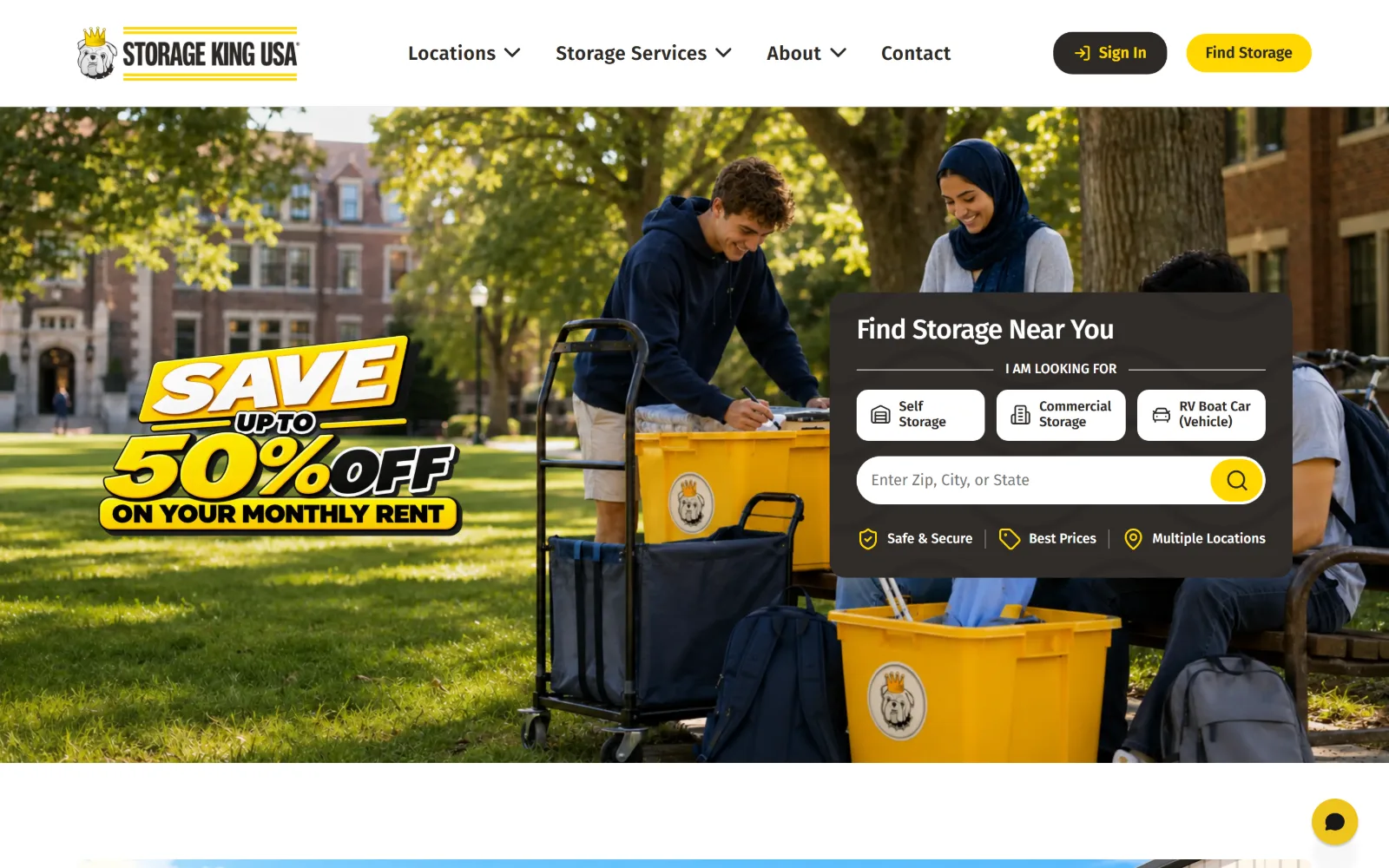 storagekingusa.com, self storage website design: campus lawn photograph of students loading yellow bins