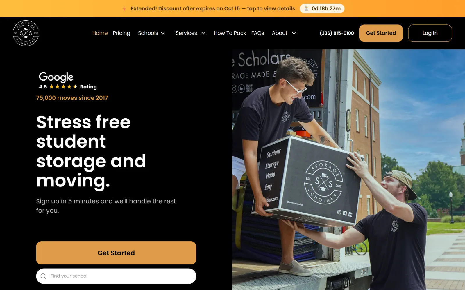 storagescholars.com, self storage website design: black left column with a Google rating, a four-line white headline and an amber button