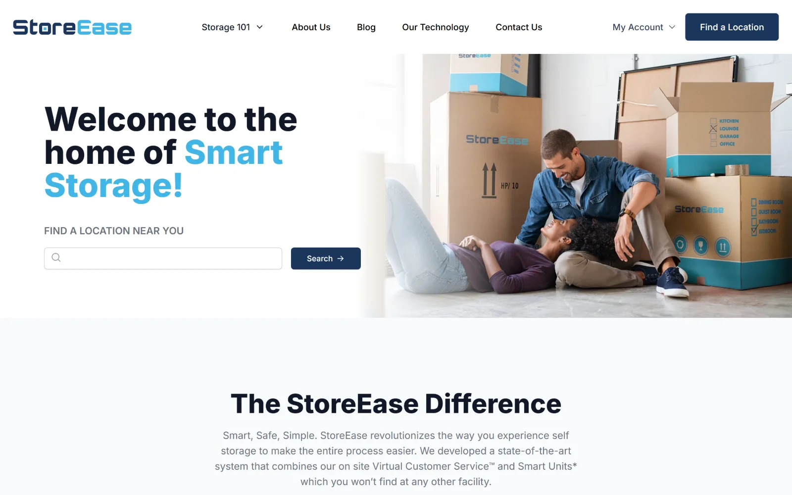 storeease.com, self storage website design: navy and cyan headline with a location search sits on white at left