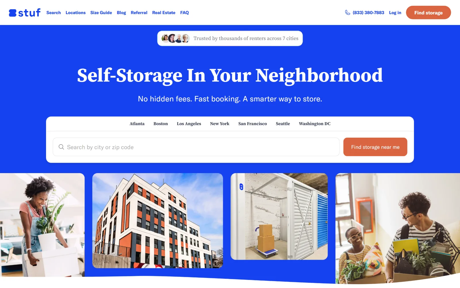 stufstorage.com, self storage website design: an electric blue field fills the hero, carrying a white serif headline