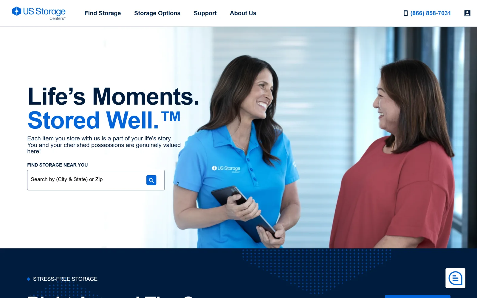usstoragecenters.com, self storage website design: left half is white with a navy two-line headline and a search field; the right half is