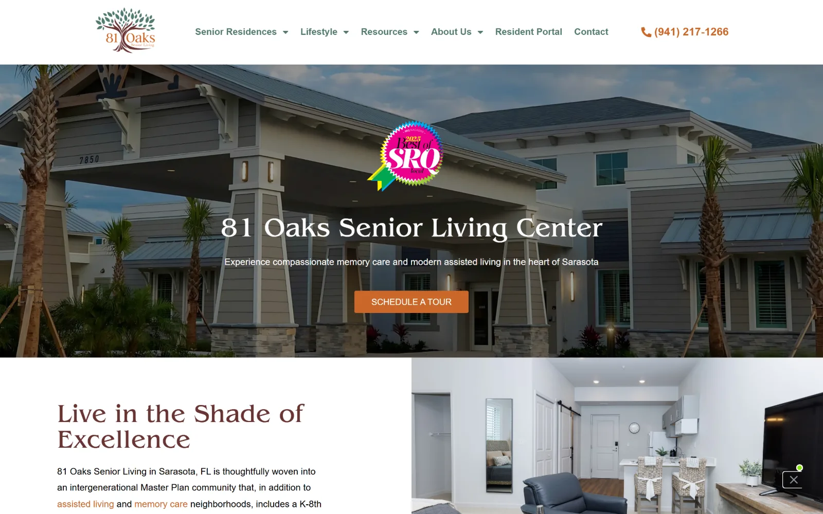 81oaks.com, senior living website design: a new building's porte-cochere under palms