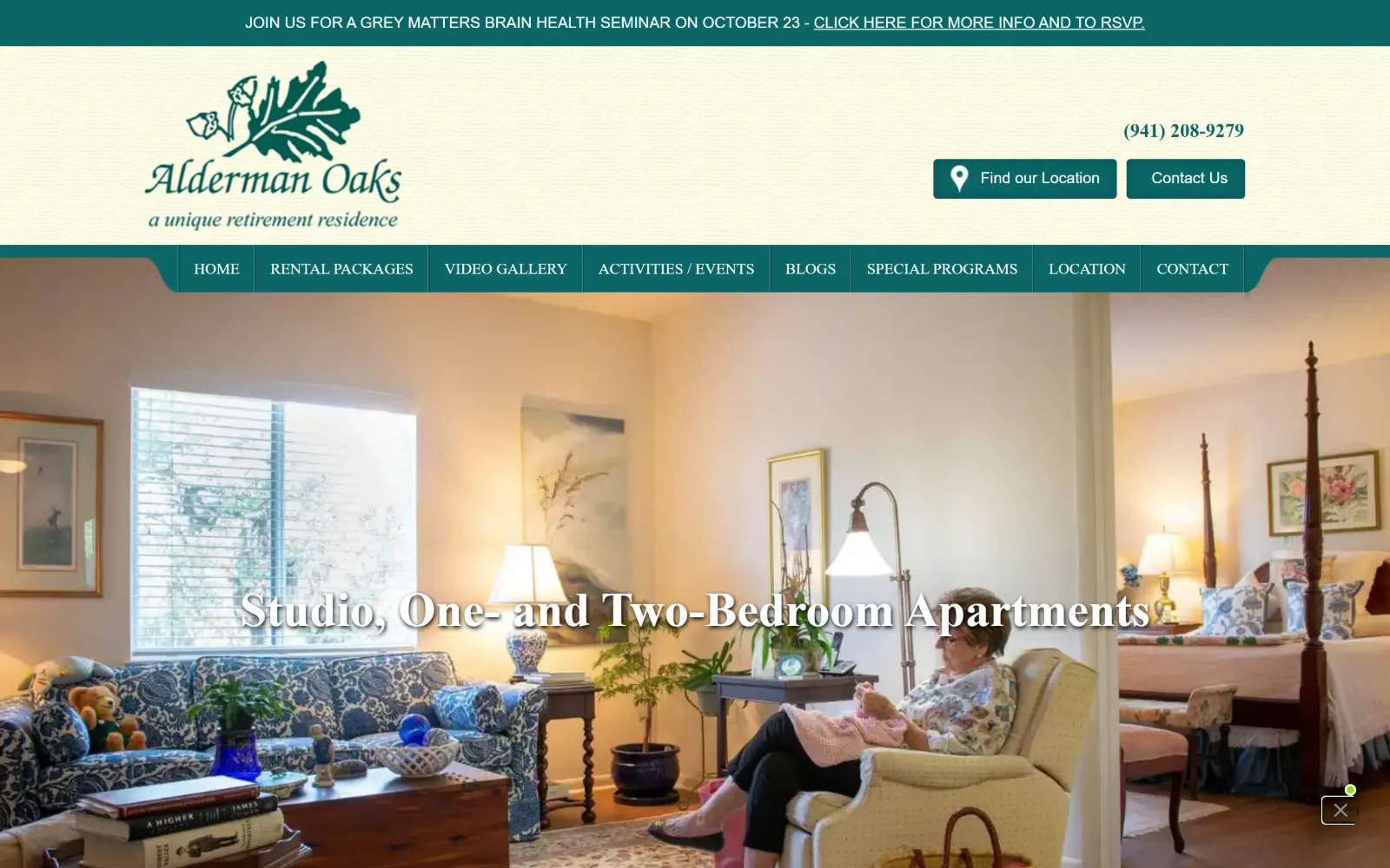 aldermanoaks.com, senior living website design: a teal seminar bar tops a cream header with a leaf mark and two teal buttons