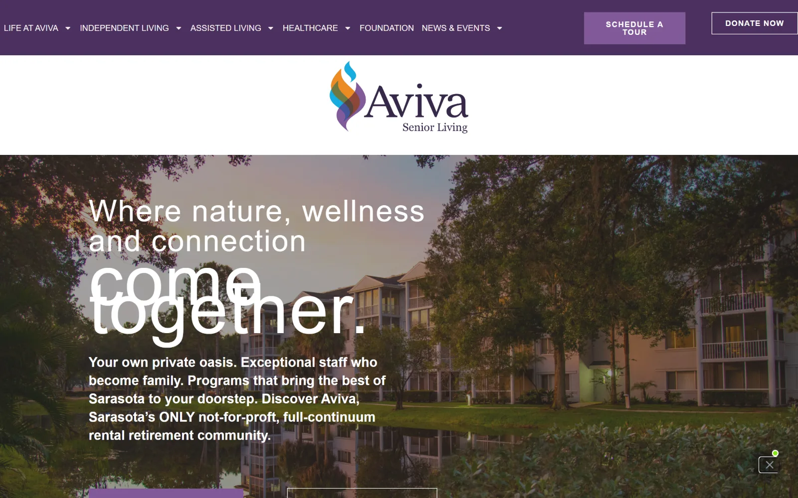 avivaseniorlife.org, senior living website design: a purple utility bar and a centred flame logo sit above a dusk photograph of apartment