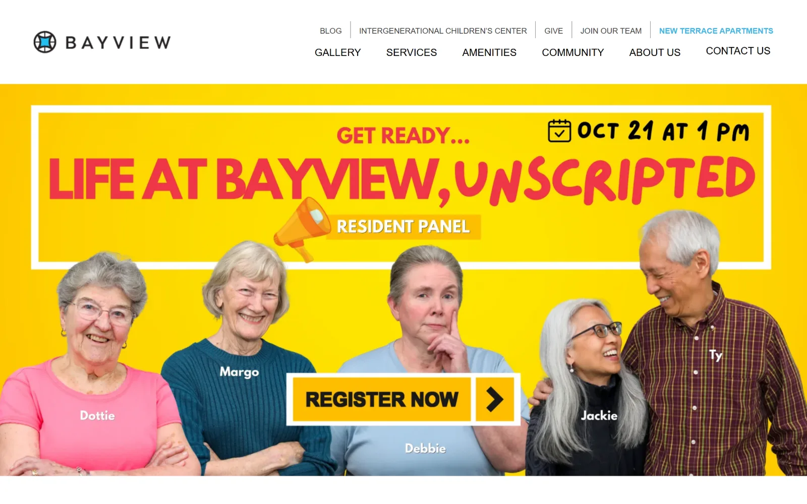 bayviewseattle.org, senior living website design: a two-row black nav sits above a yellow event graphic with five named residents cut out