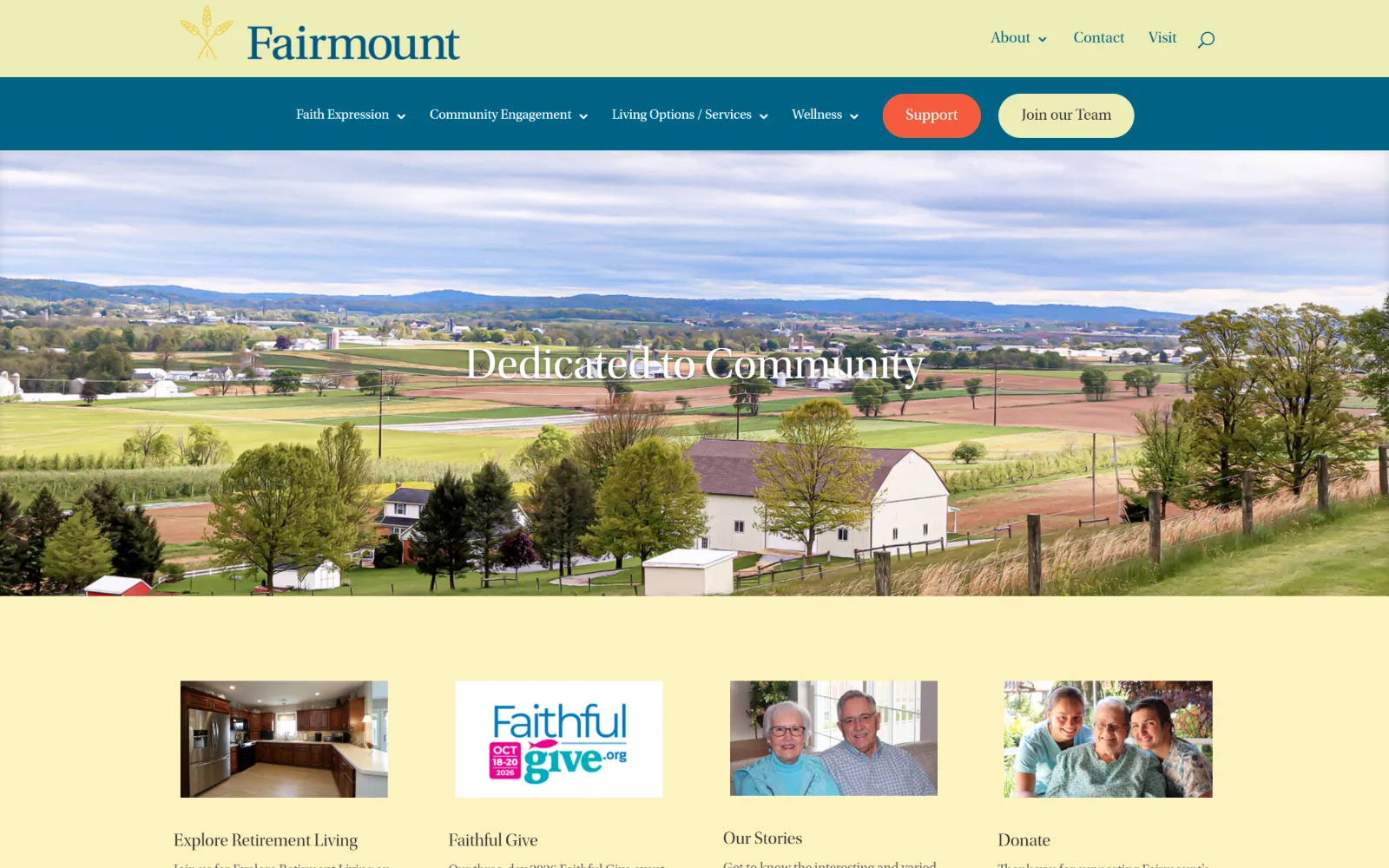 fairmounthomes.org, senior living website design: a pale yellow header sits over a wide Pennsylvania farmland photograph with a white