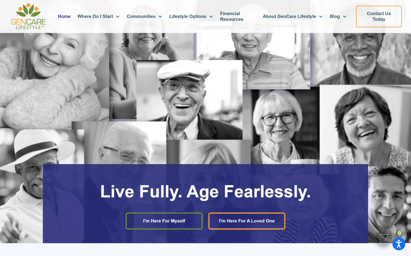 gencarelifestyle.com, senior living website design: a greyscale mosaic of a dozen portraits fills the frame behind an indigo panel reading