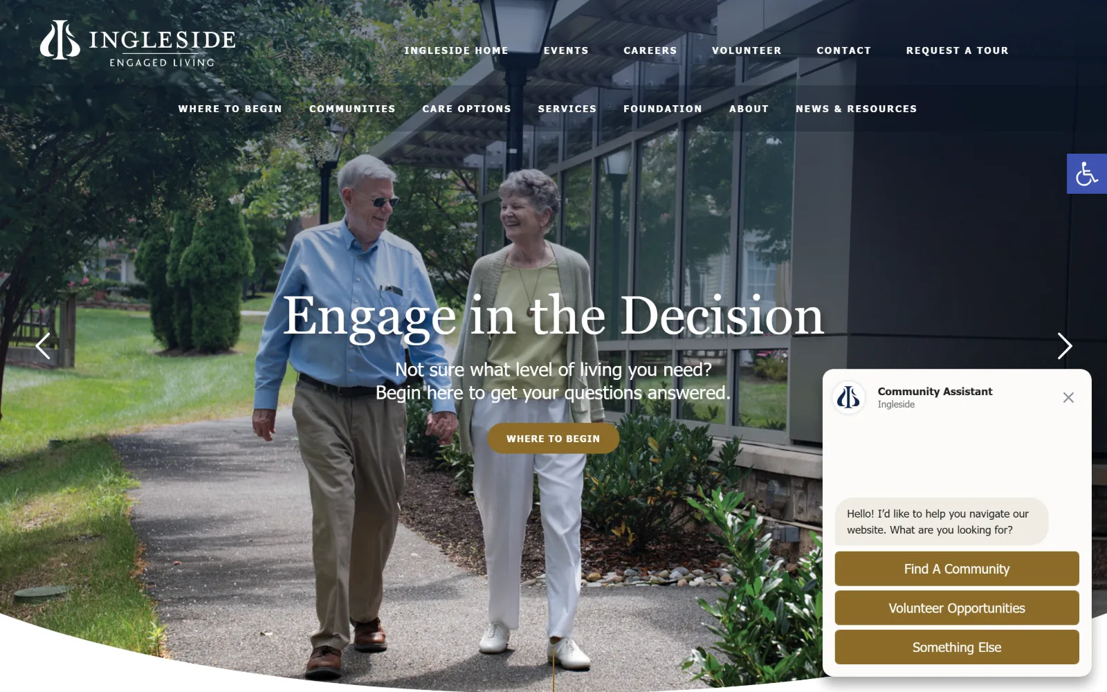 inglesideonline.org, senior living website design: a couple walk a path beside a glass pergola, with a white serif headline