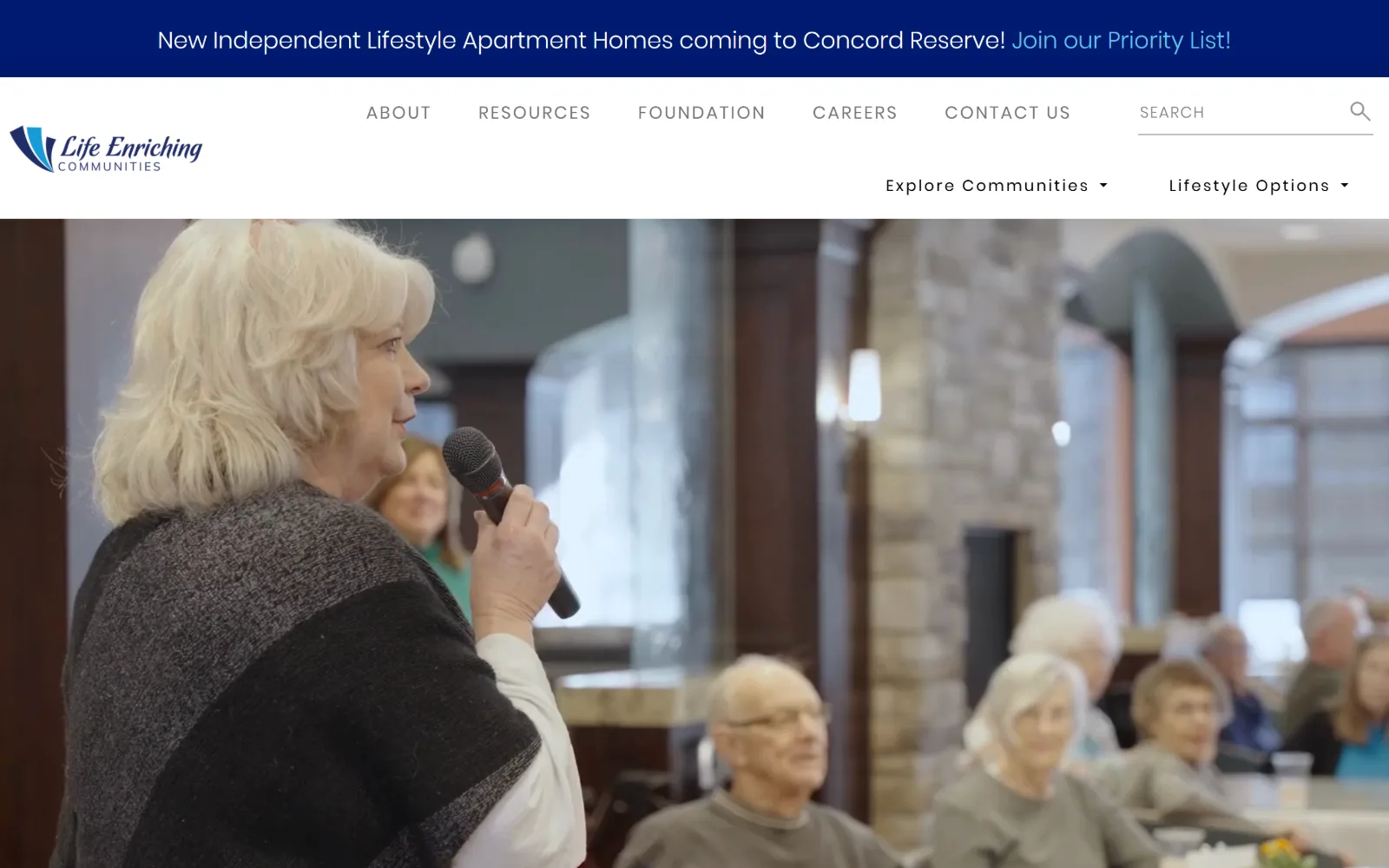 lec.org, senior living website design: a navy announcement band runs above a white header