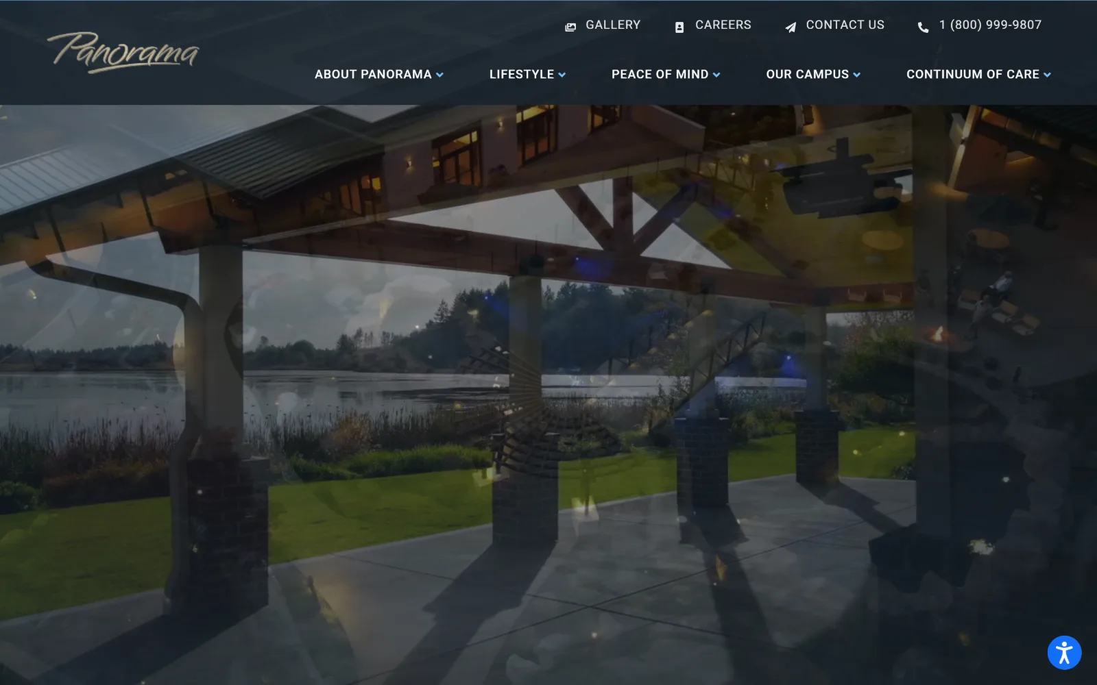 panorama.org, senior living website design: a dark translucent header floats over footage of a timber pavilion looking out to a lake