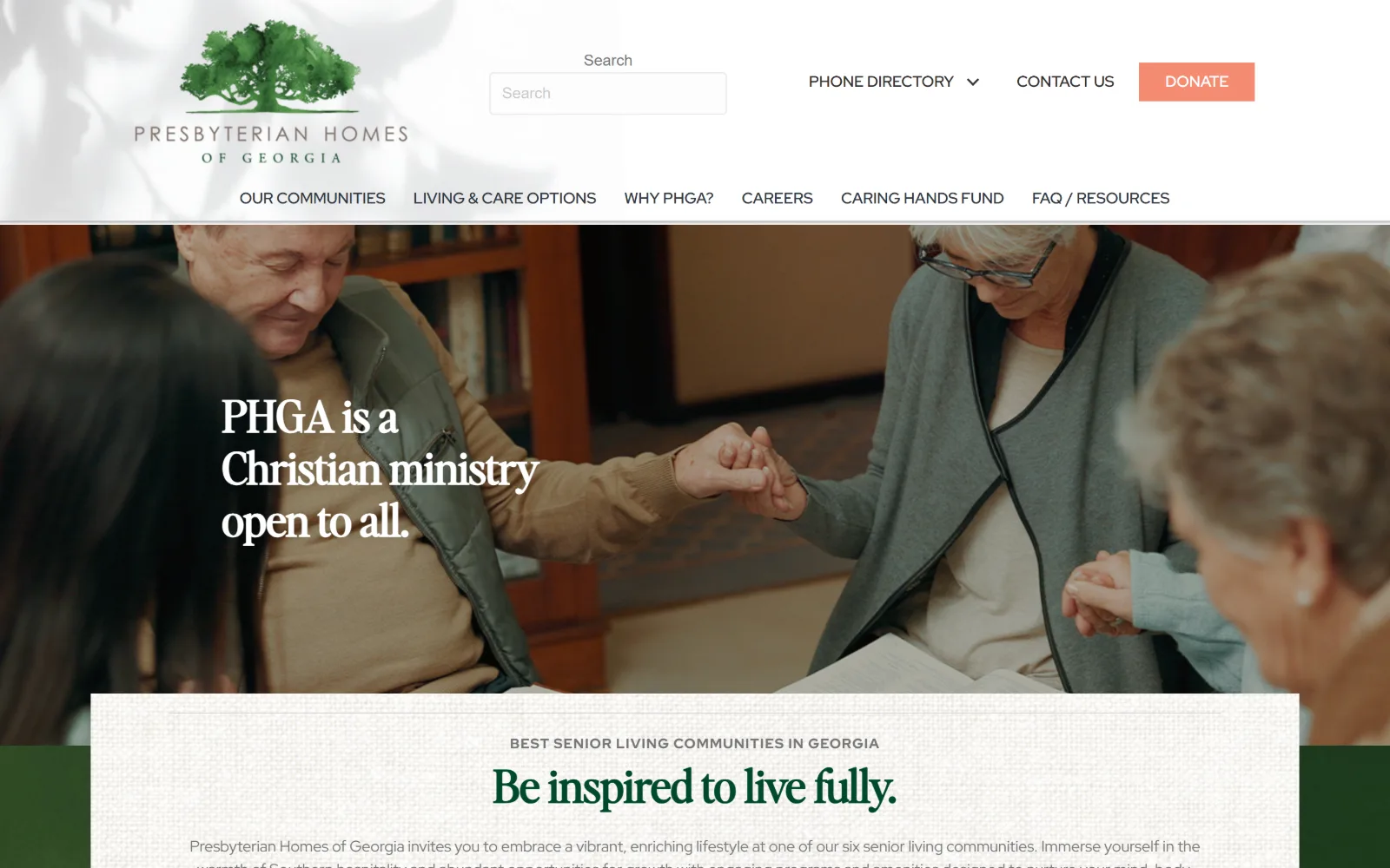 phgainc.org, senior living website design: joined hands in prayer fill a library photograph