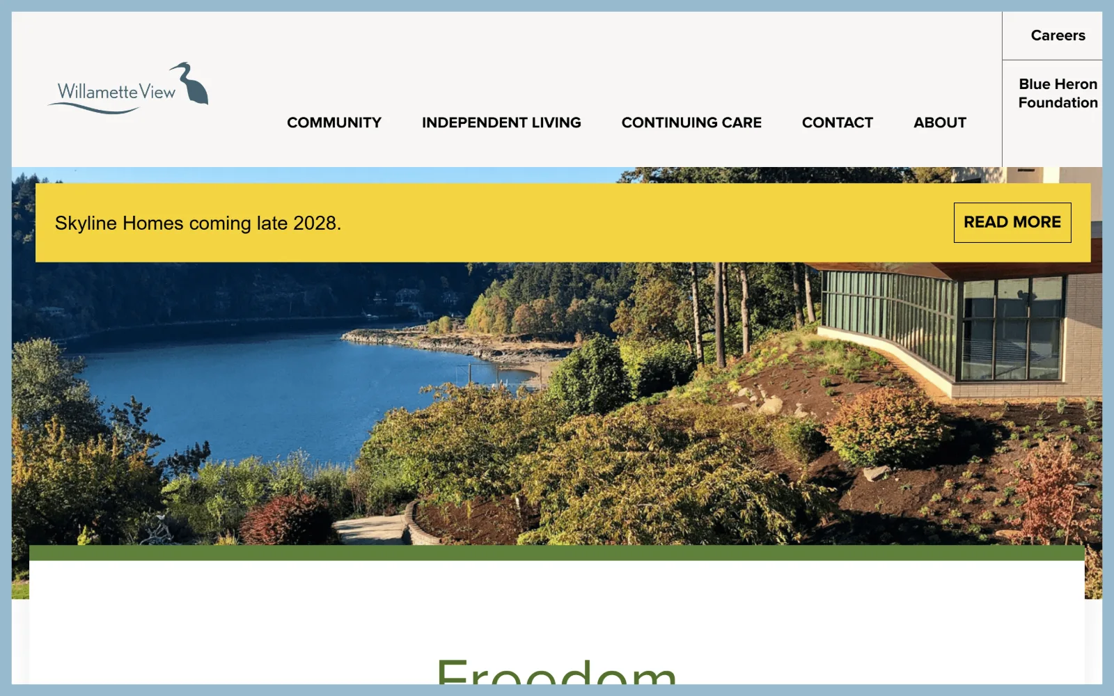 willametteview.org, senior living website design: a bluff above the river with a glass building at the right edge