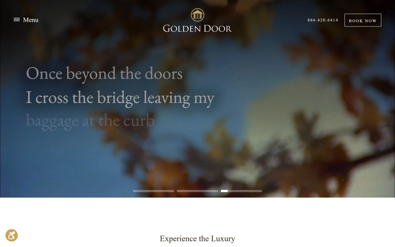 goldendoor.com, spa website design: out-of-focus autumn leaves against blue sky, a three-line poem fading