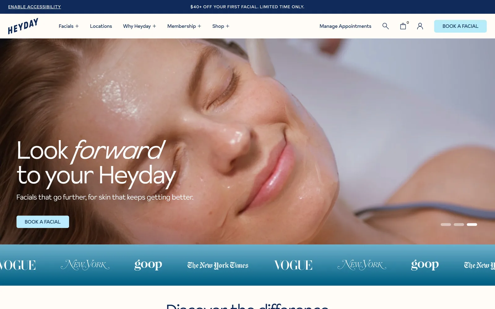 heydayskincare.com, spa website design: close-up facial footage behind a 72px headline where the word forward turns italic