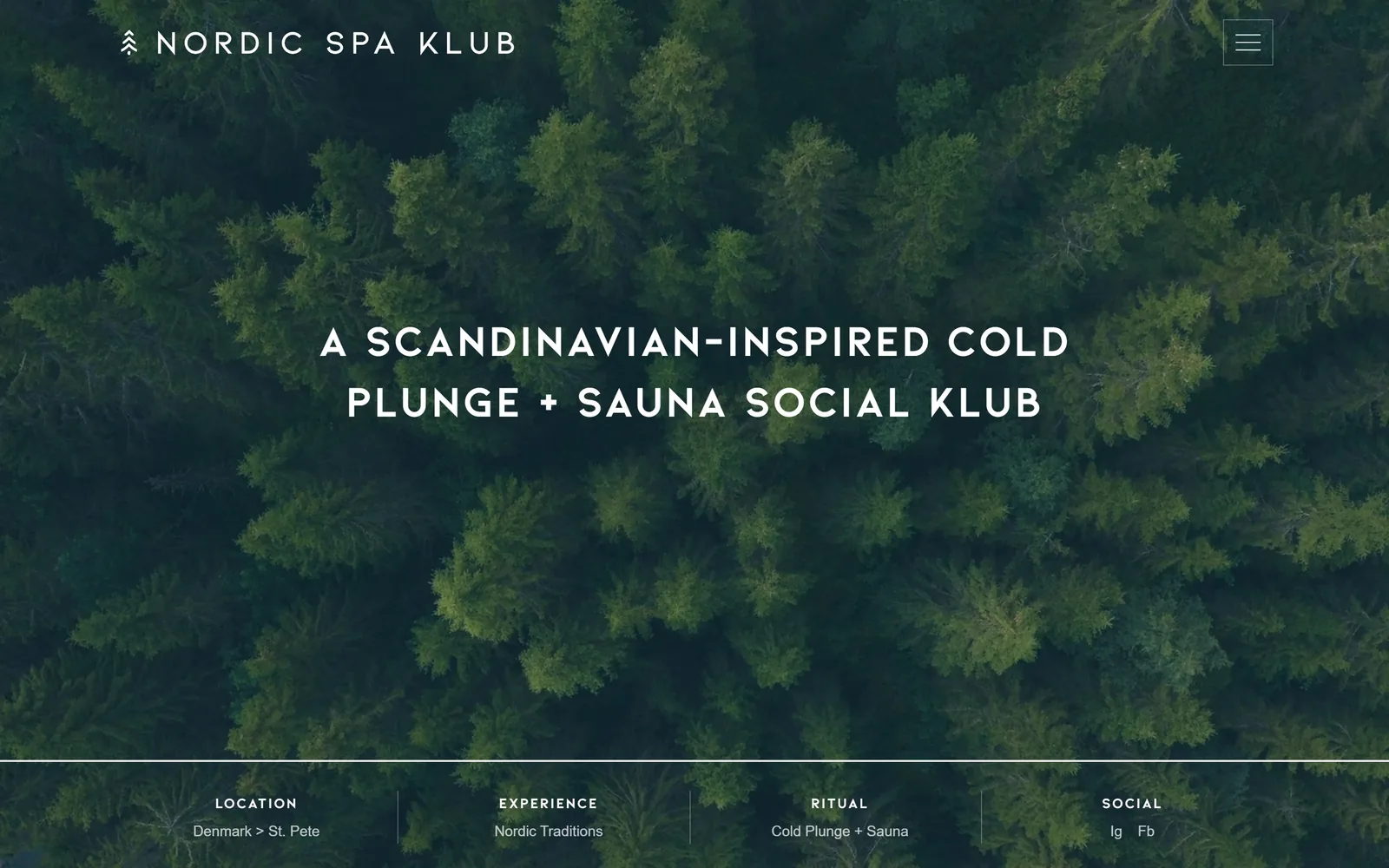 nordicspaklub.com, spa website design: aerial drone footage of dark pine forest with a 45px uppercase geometric headline and a four-column