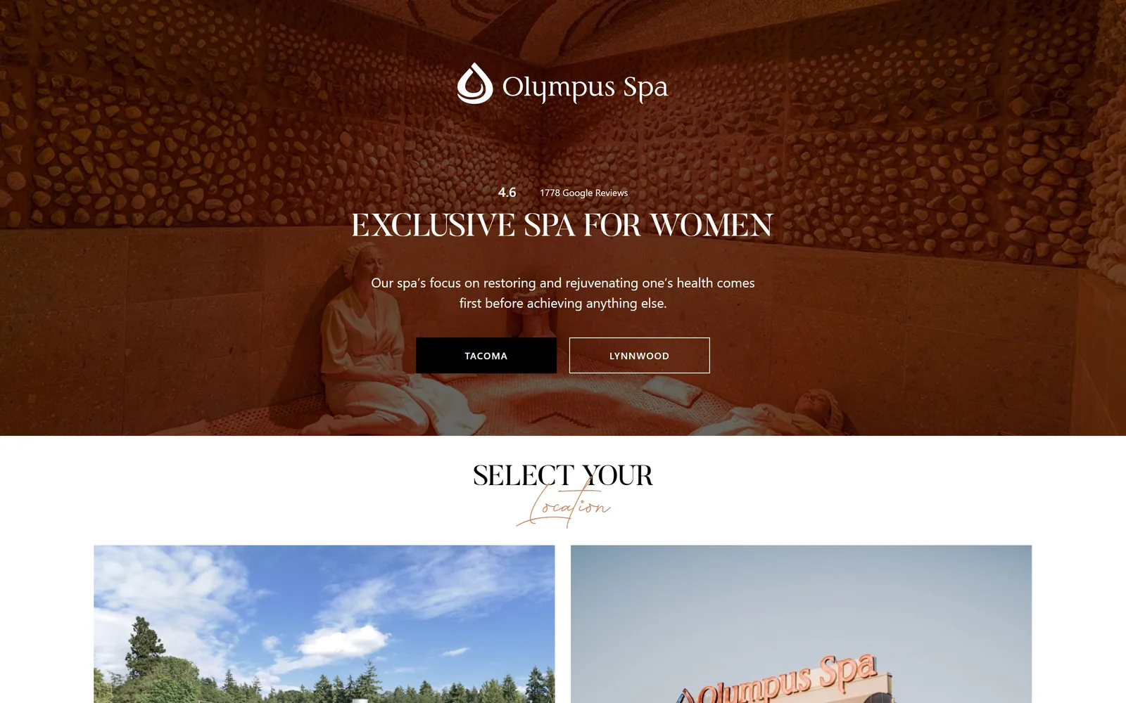 olympusspa.com, spa website design: terracotta-washed jade room photograph behind an uppercase serif headline