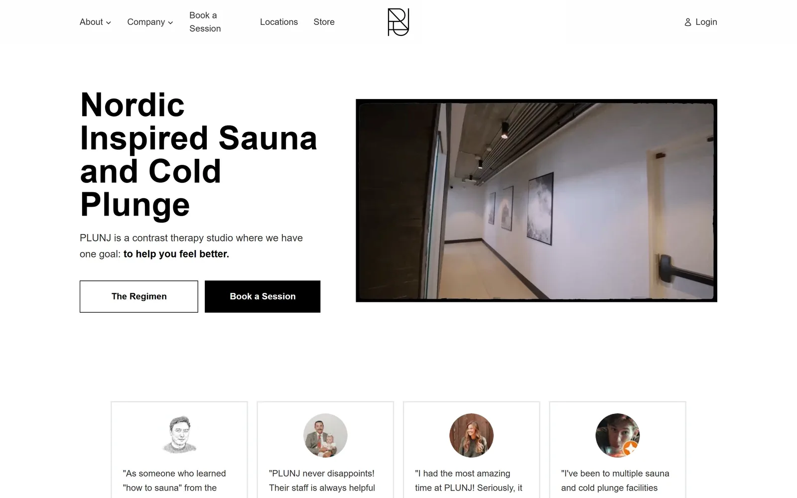 plunj.co, spa website design: black Helvetica headline stacked left of a video panel with a torn paper edge