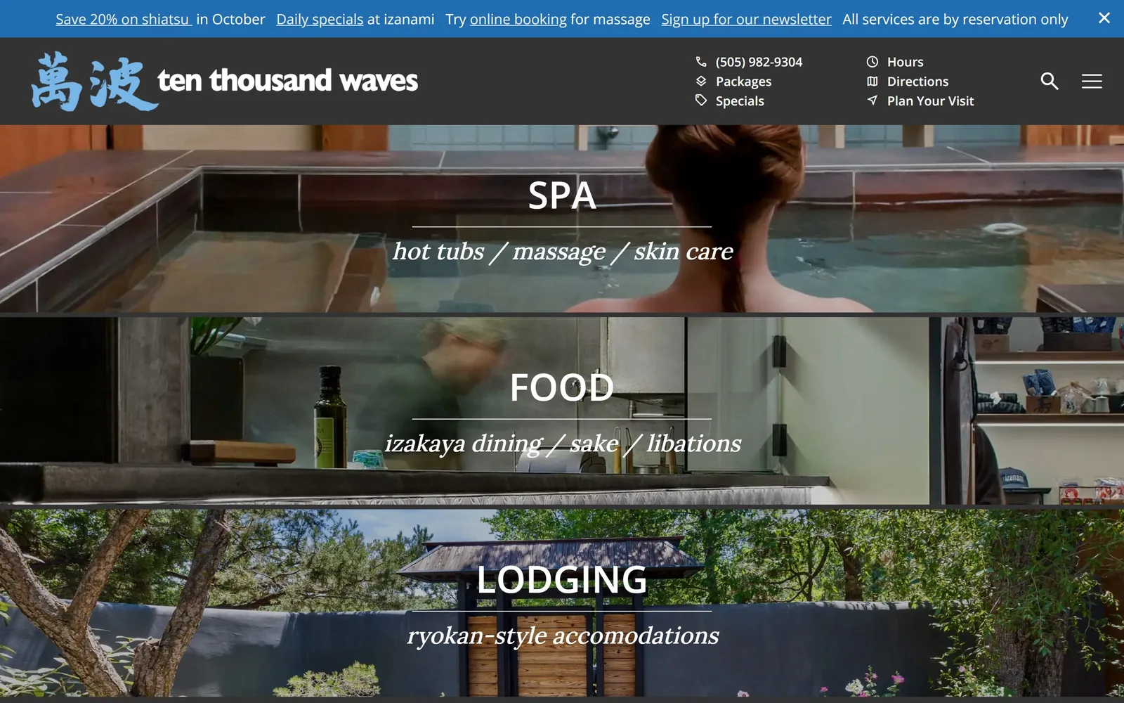 tenthousandwaves.com, spa website design: three stacked photo bands labelled SPA, FOOD and LODGING in white caps
