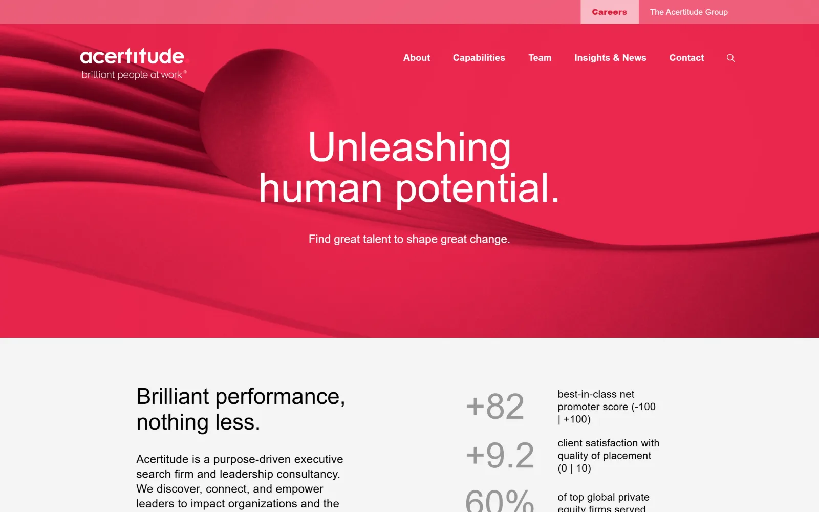 acertitude.com, staffing agency website design: a full-bleed crimson render of folded ribbons and a sphere
