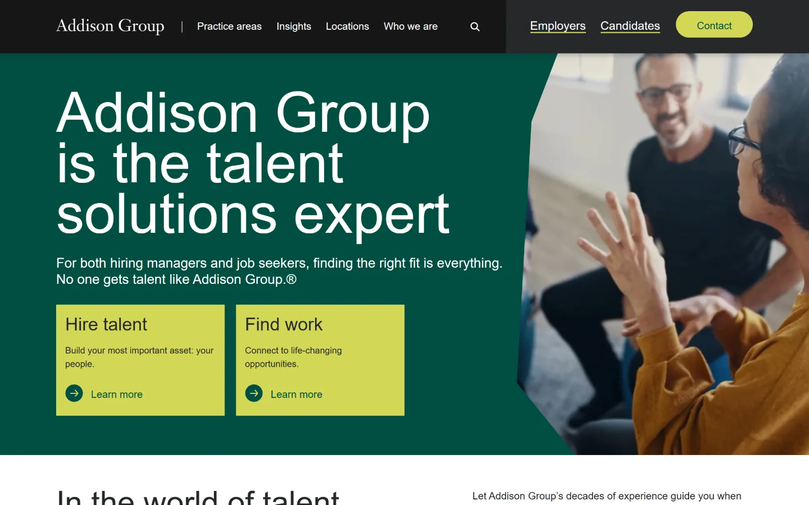 addisongroup.com, staffing agency website design: black header bar above a deep green hero, a 100px headline in four lines