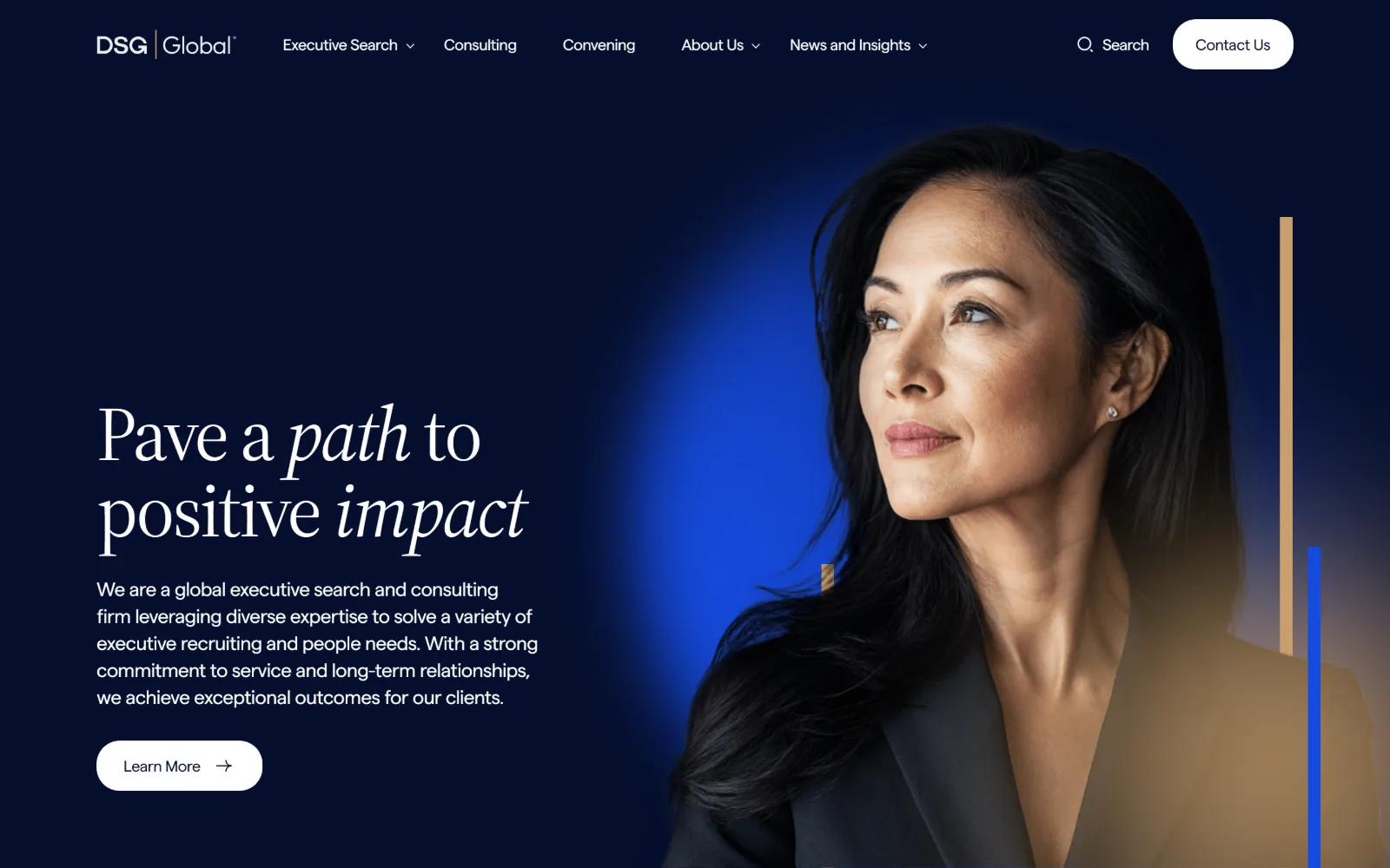dsgco.com, staffing agency website design: deep navy hero with a 79px serif line setting two words in italic