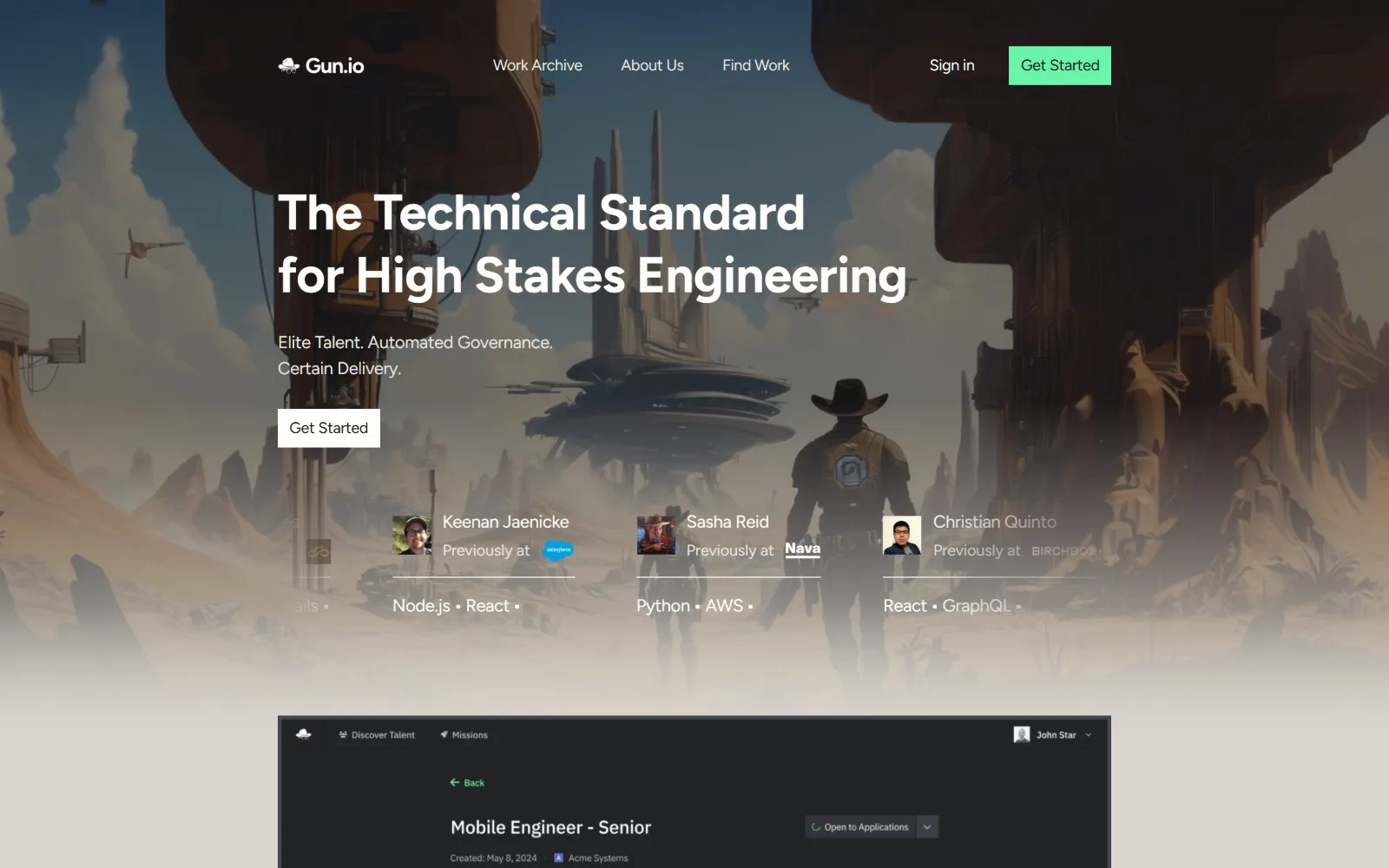 gun.io, staffing agency website design: painted desert landscape with floating structures, a white two-line headline over it
