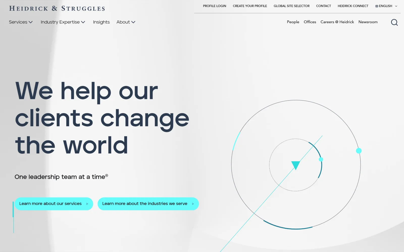 heidrick.com, staffing agency website design: pale grey page with an engraved serif wordmark, an 88px navy headline in three lines