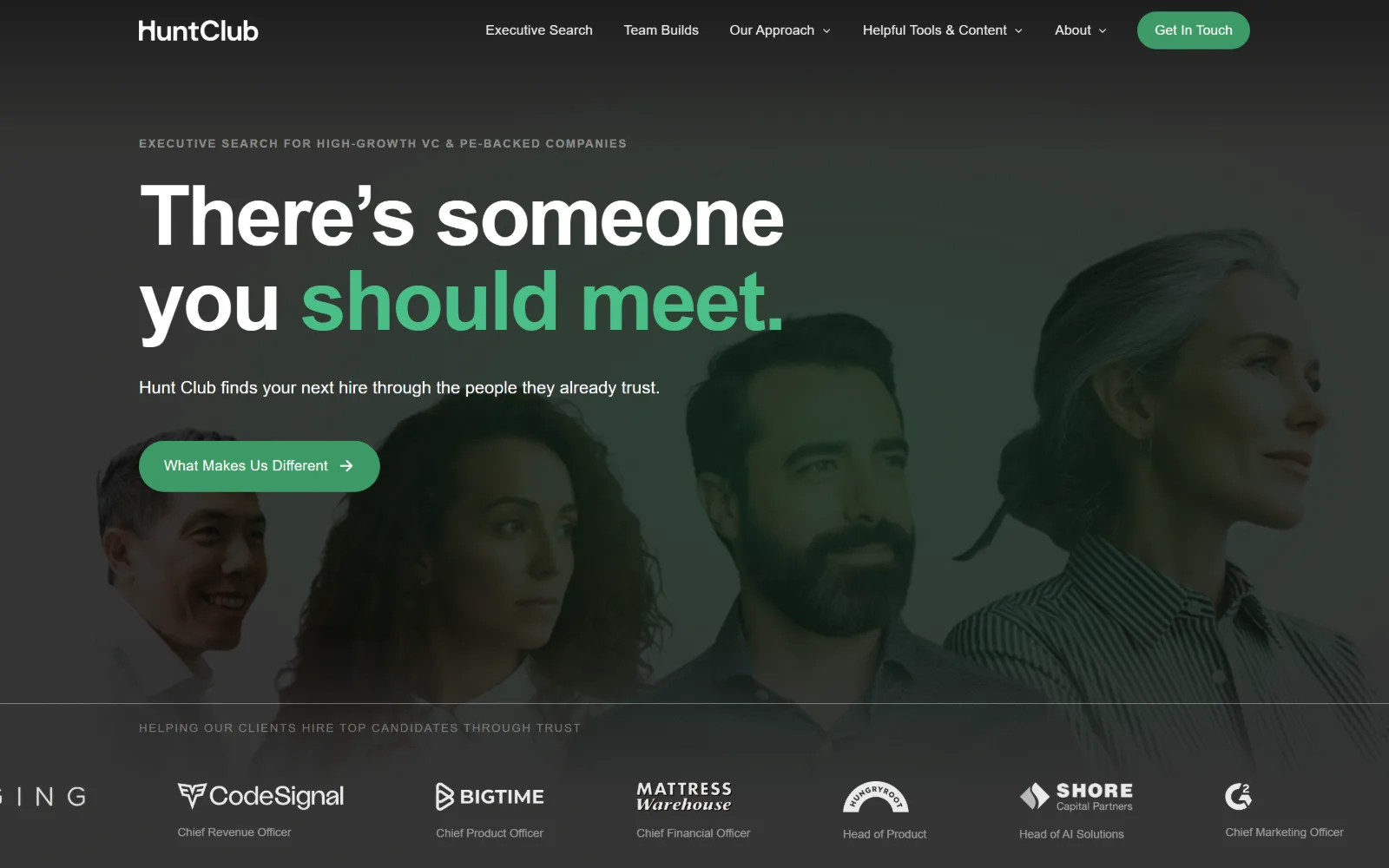 huntclub.com, staffing agency website design: near-black hero with a row of ghosted portraits behind it