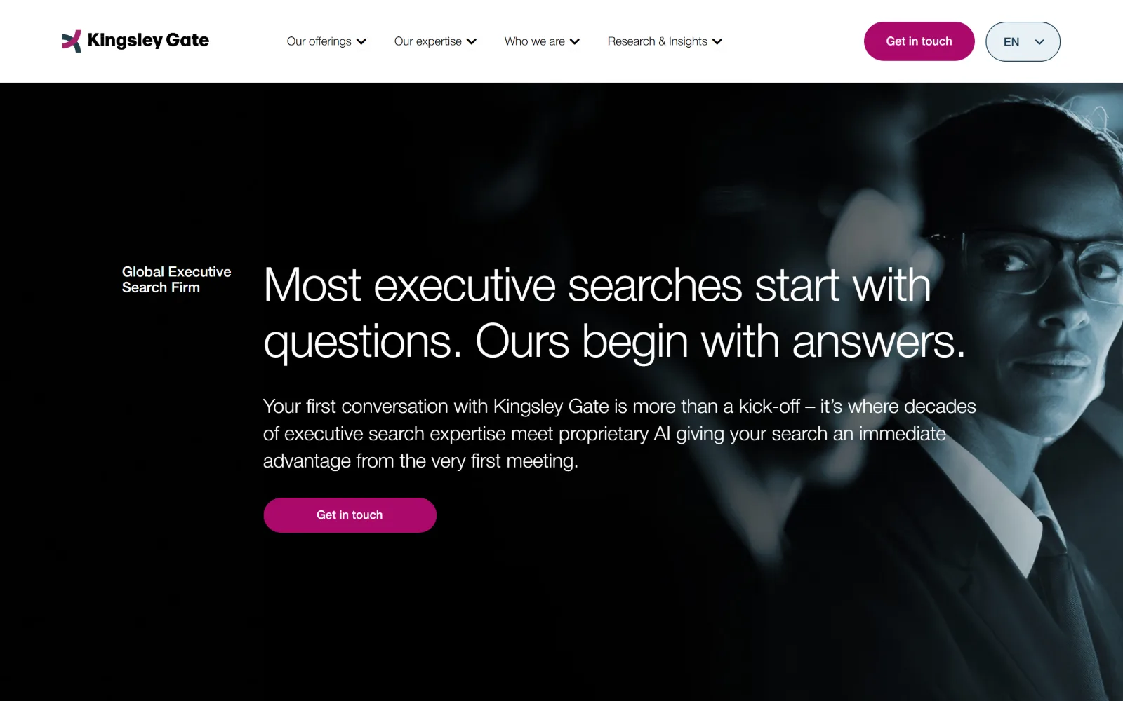 kingsleygate.com, staffing agency website design: a dark duotone portrait fills the right third under a solid white header