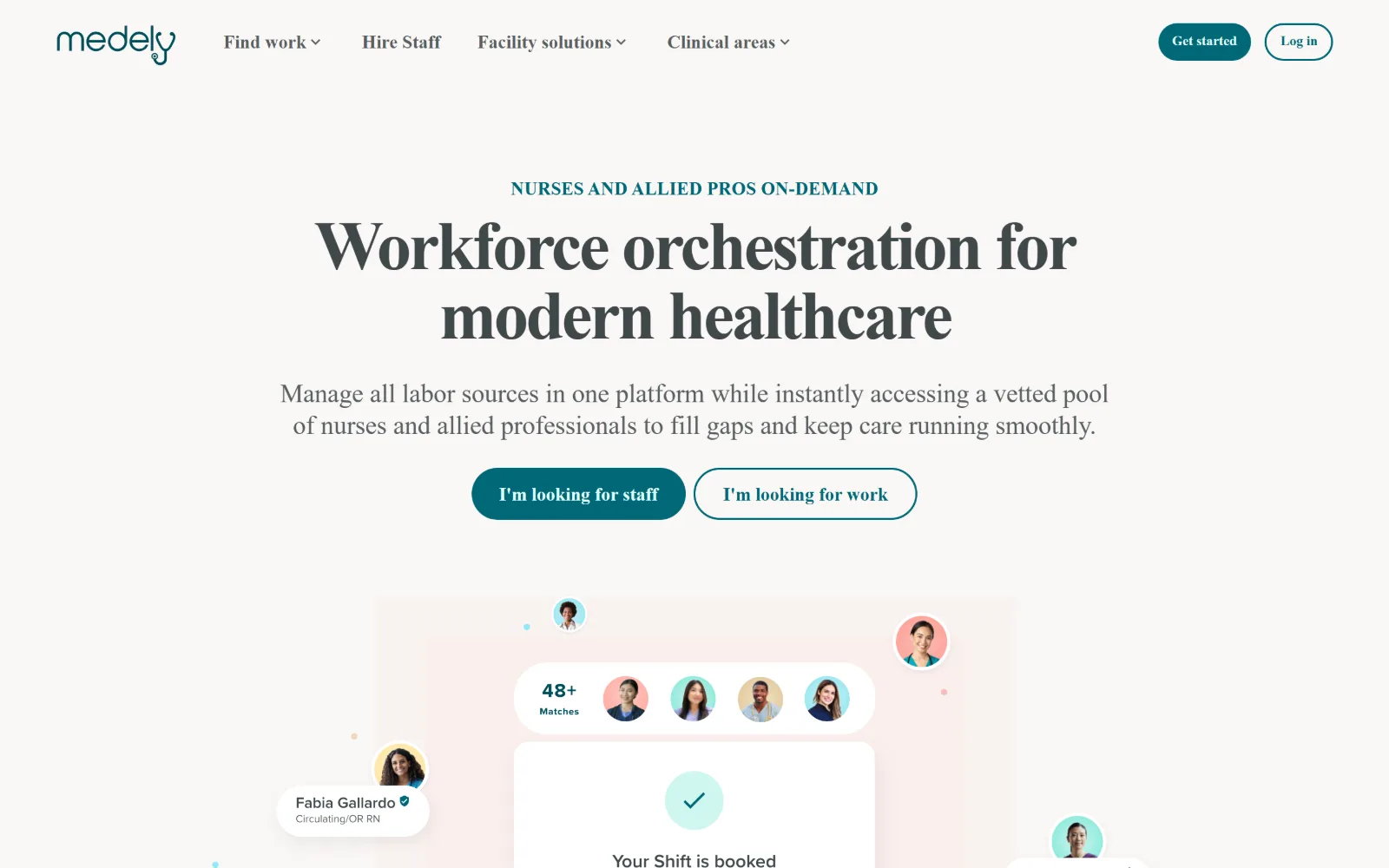 medely.com, staffing agency website design: centred warm pink page with a 72px serif headline, teal eyebrow caps above it