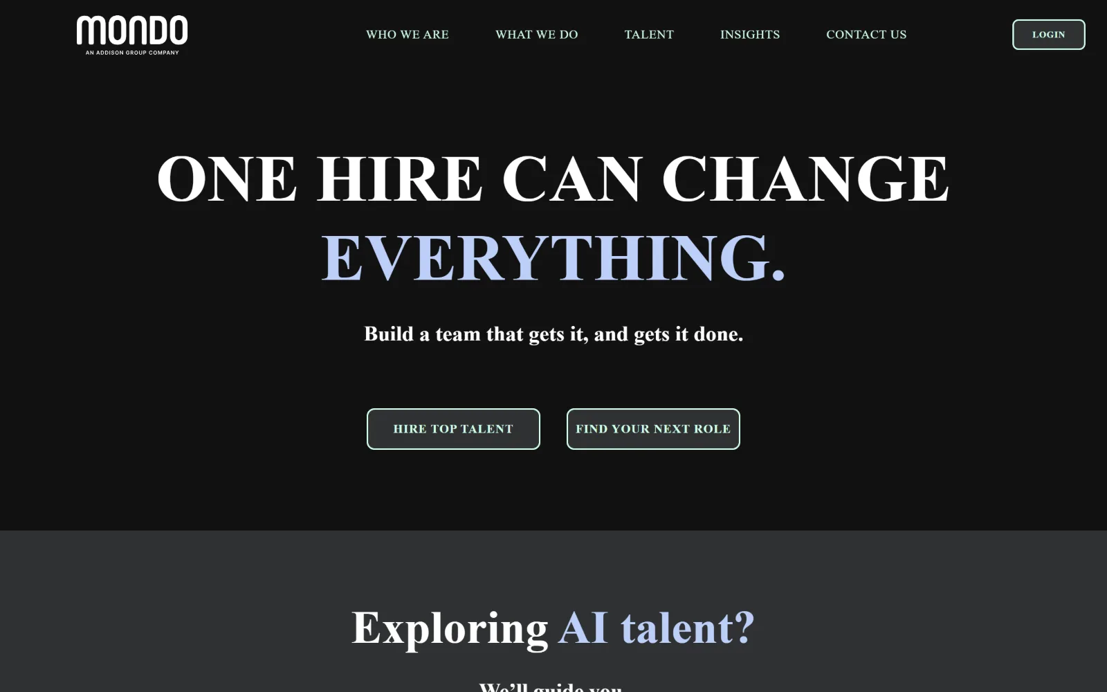 mondo.com, staffing agency website design: all-caps serif headline across two lines of black