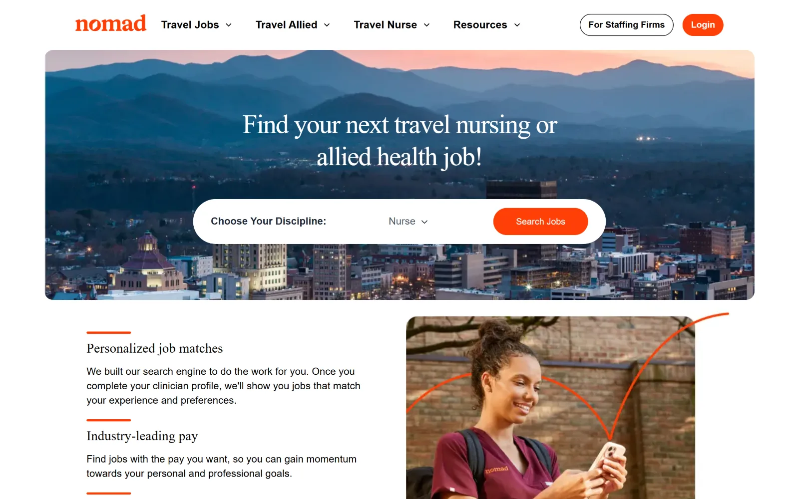 nomadhealth.com, staffing agency website design: orange wordmark over an inset photograph of mountains at dusk