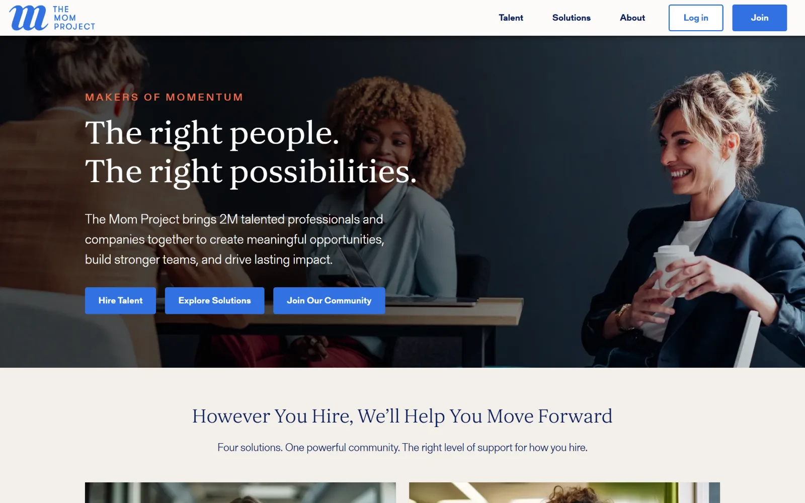 themomproject.com, staffing agency website design: full-bleed photograph of three people at a table, a coral eyebrow